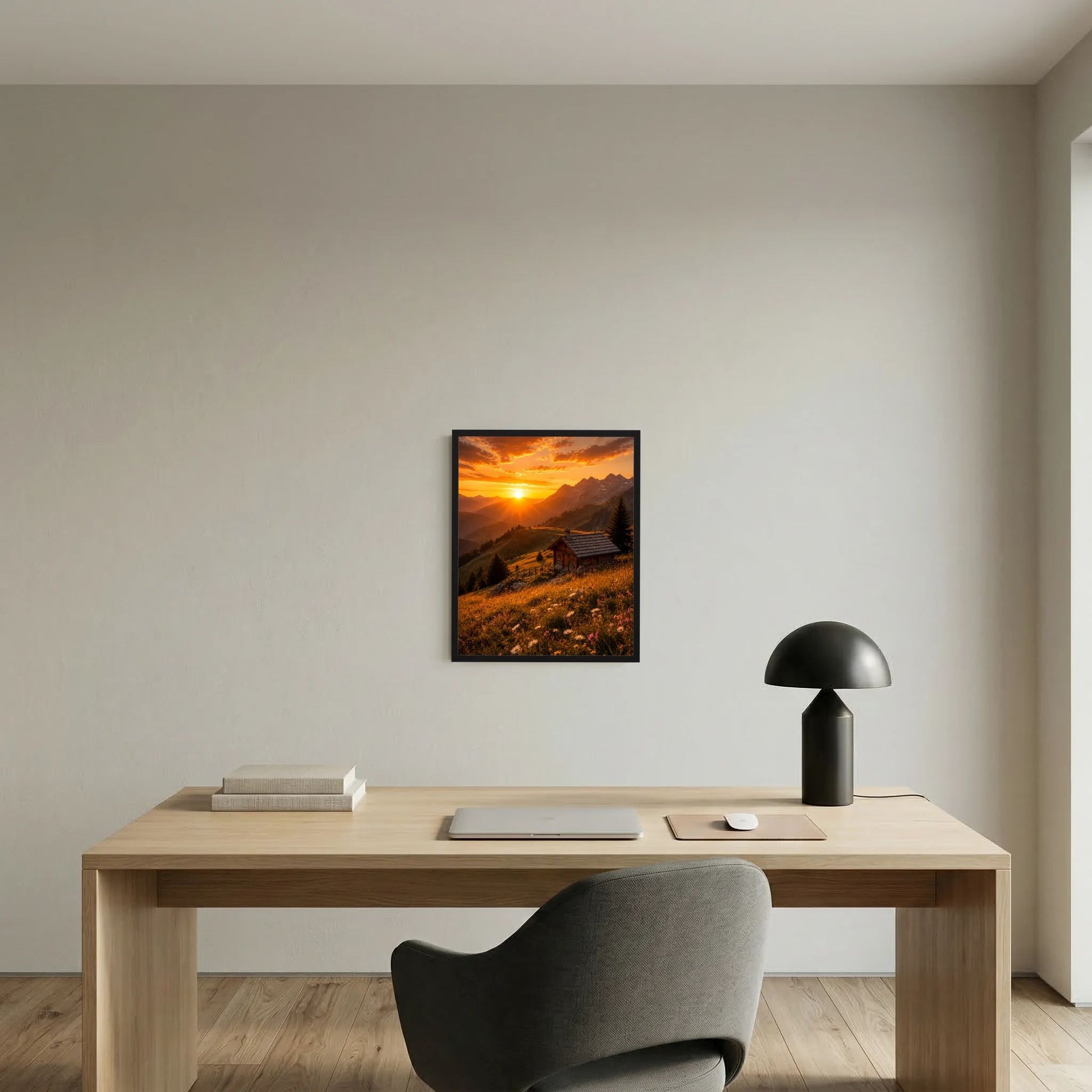 Kleines Hochformat-Wandposter mit Alpenhütte im Sonnenuntergang, schwarz gerahmt