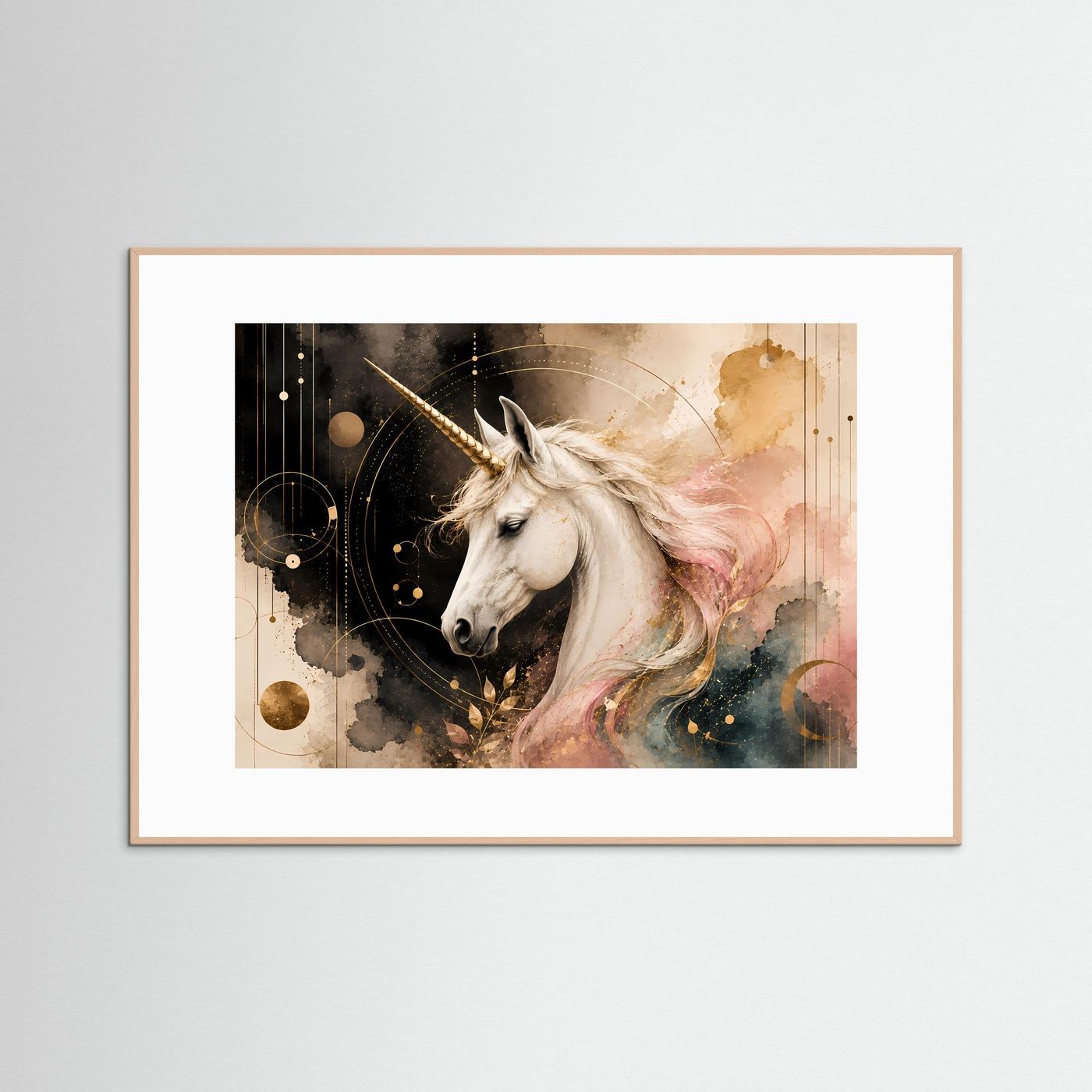 Einhorn-Poster quer: pastellrosa Einhorn mit goldenem Horn, hellbrauner Rahmen