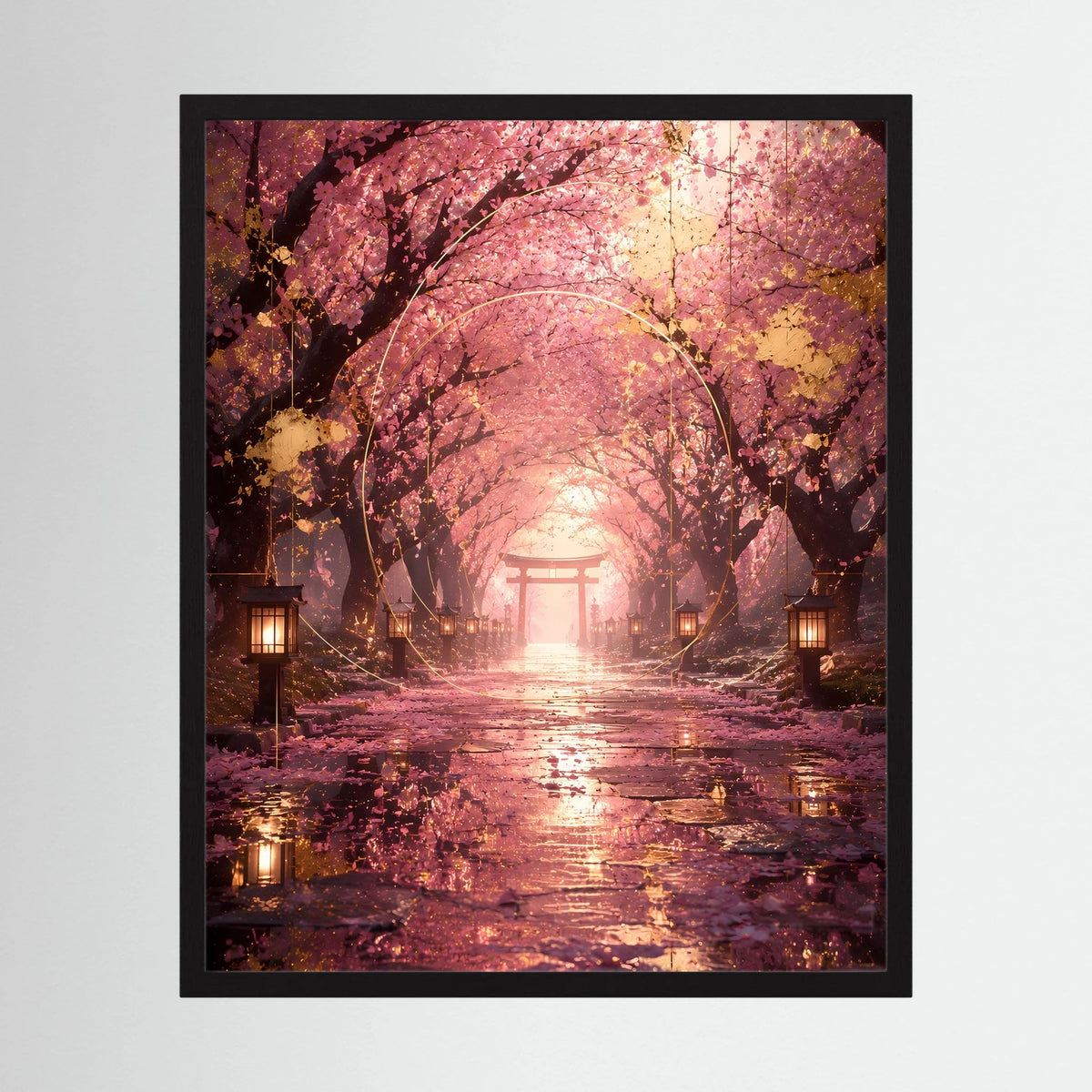 Schwarzer gerahmter Poster im Hochformat: Kirschblütenallee mit Torii-Tor und Laternen