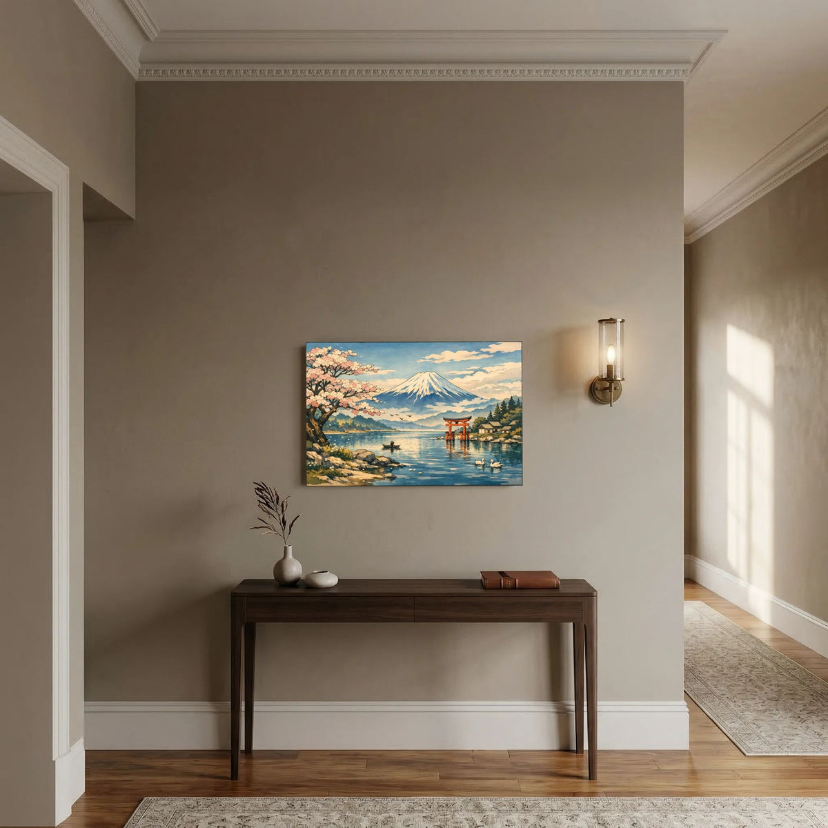 Querformatiges Wandbild mit Fuji, Kirschblüten am See und Booten