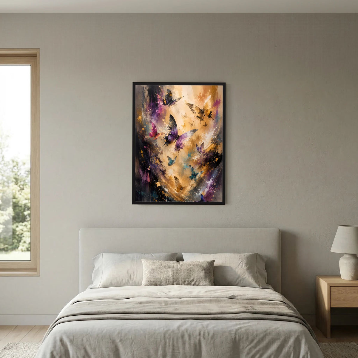 Hochformat-Poster mit abstrakten Schmetterlingen in Gold, Violett und Blautönen