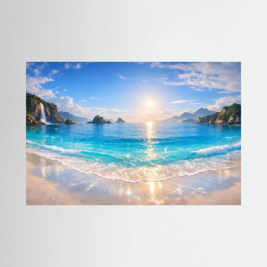 Rechteckiges Wandbild mit tropischem Strand, türkisfarbenem Meer und Sonnenaufgang
