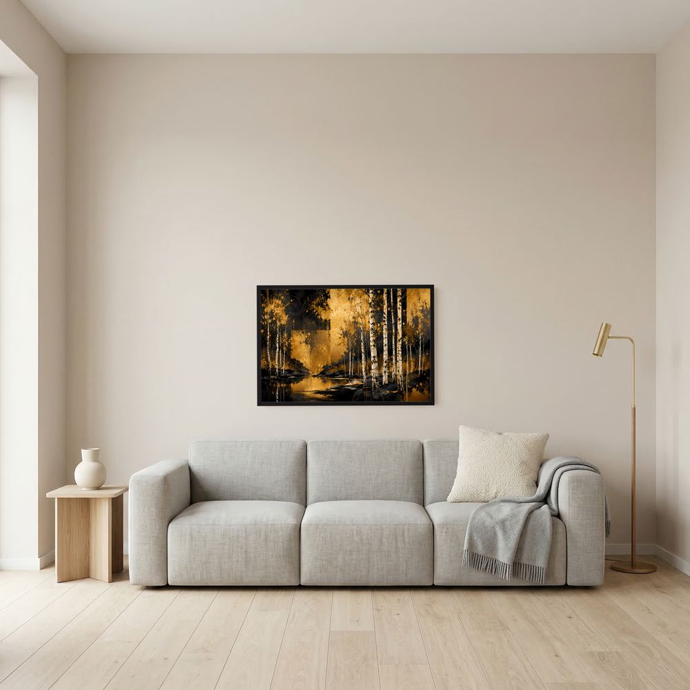 Wandposter Querformat Waldlandschaft Gold/Schwarz, schwarzer Rahmen