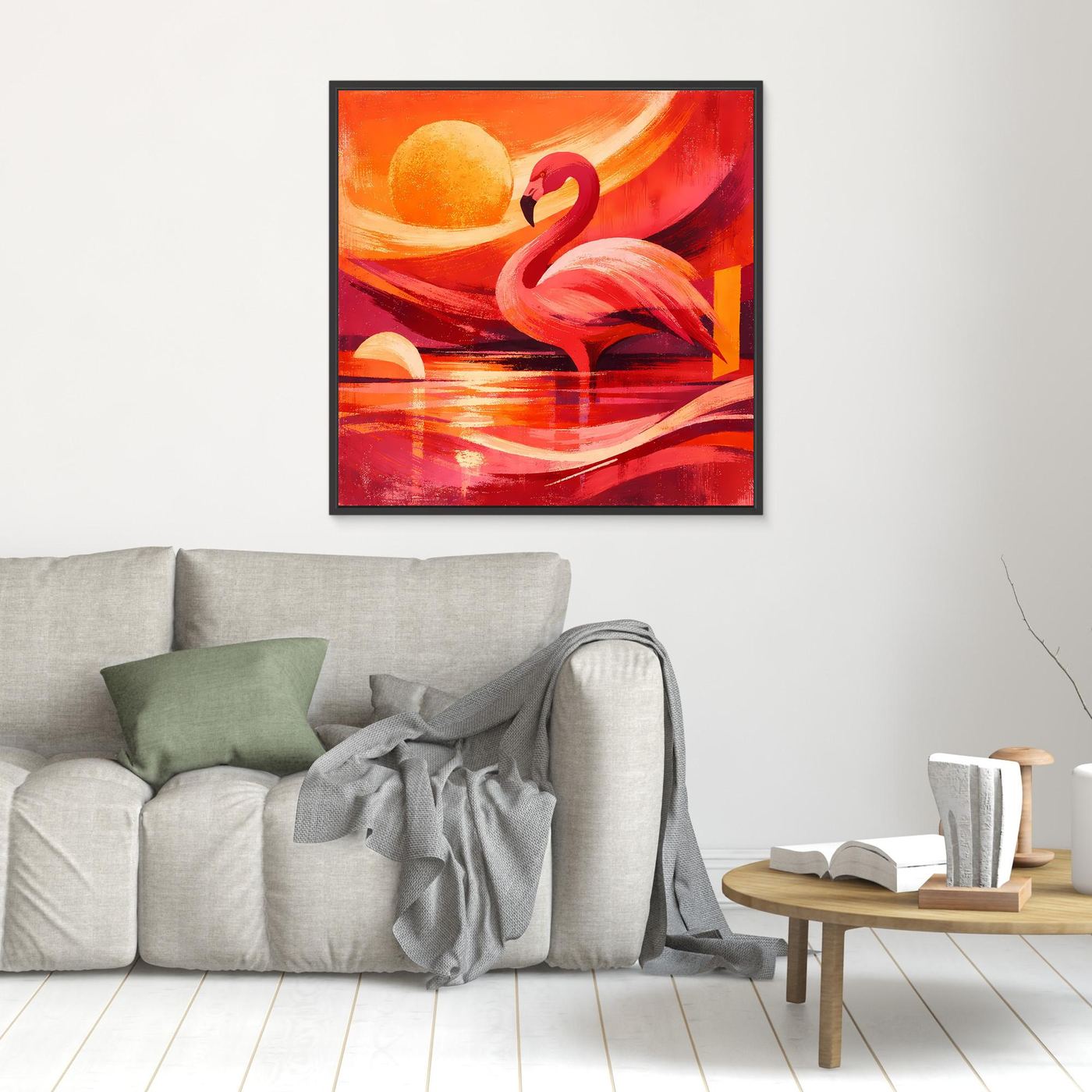 Wandbild Leinwand mit rotem Flamingo und Sonnenmotiv, schmaler schwarzer Rahmen