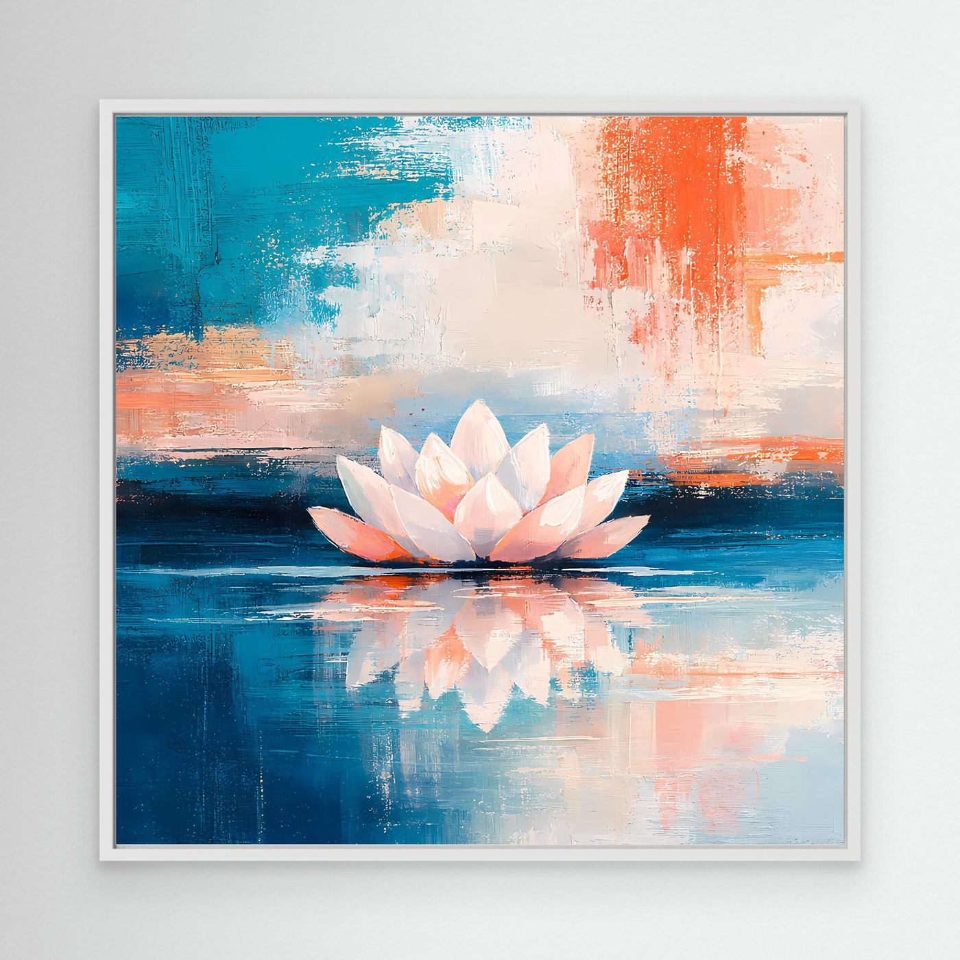 Leinwand Abstrakte Lotusblüte auf dem Wasser | Modernes Seerosen Wandbild Blau Orange