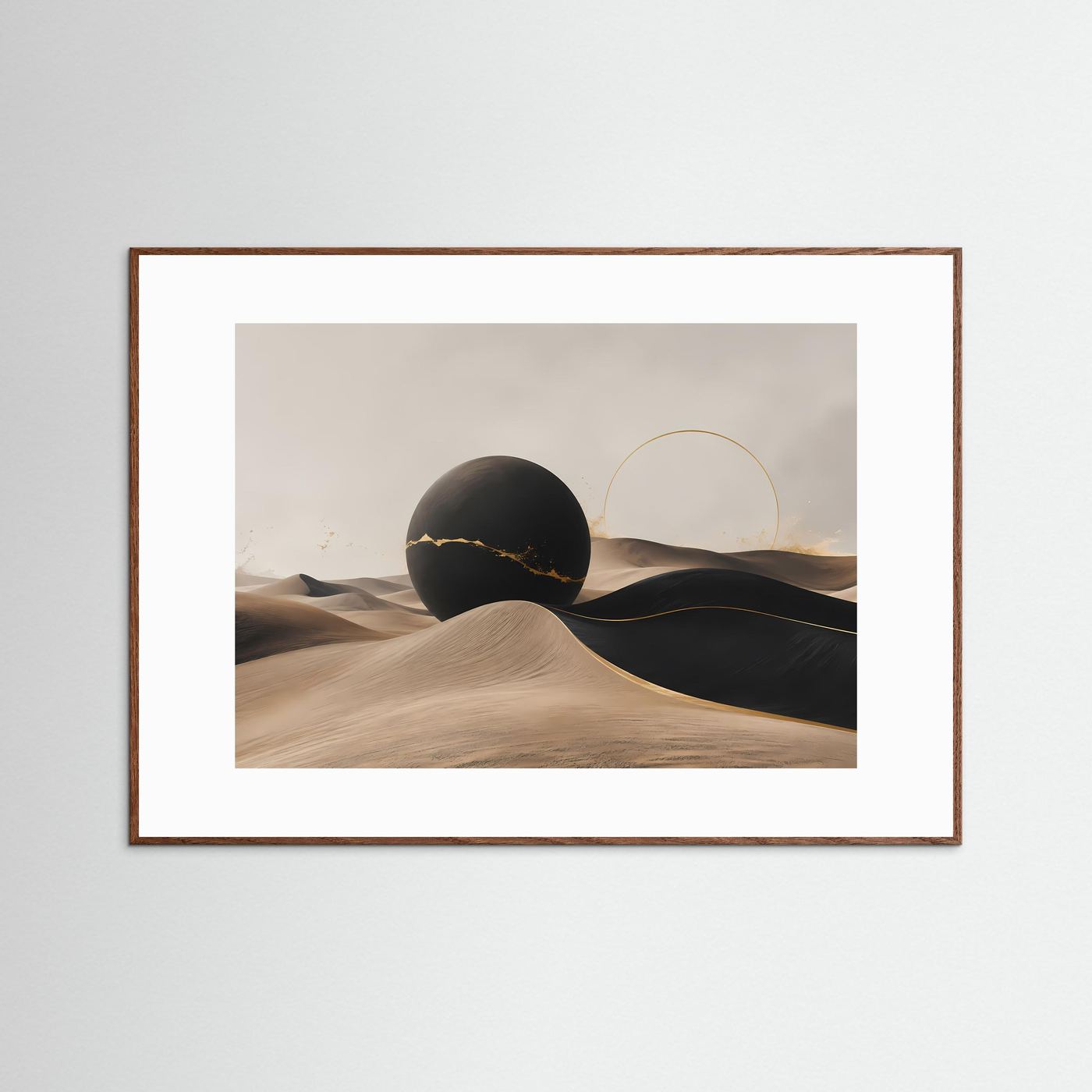 Minimalistische Wüstenlandschaft in Schwarz & Beige | Abstrakte Kunst mit Gold