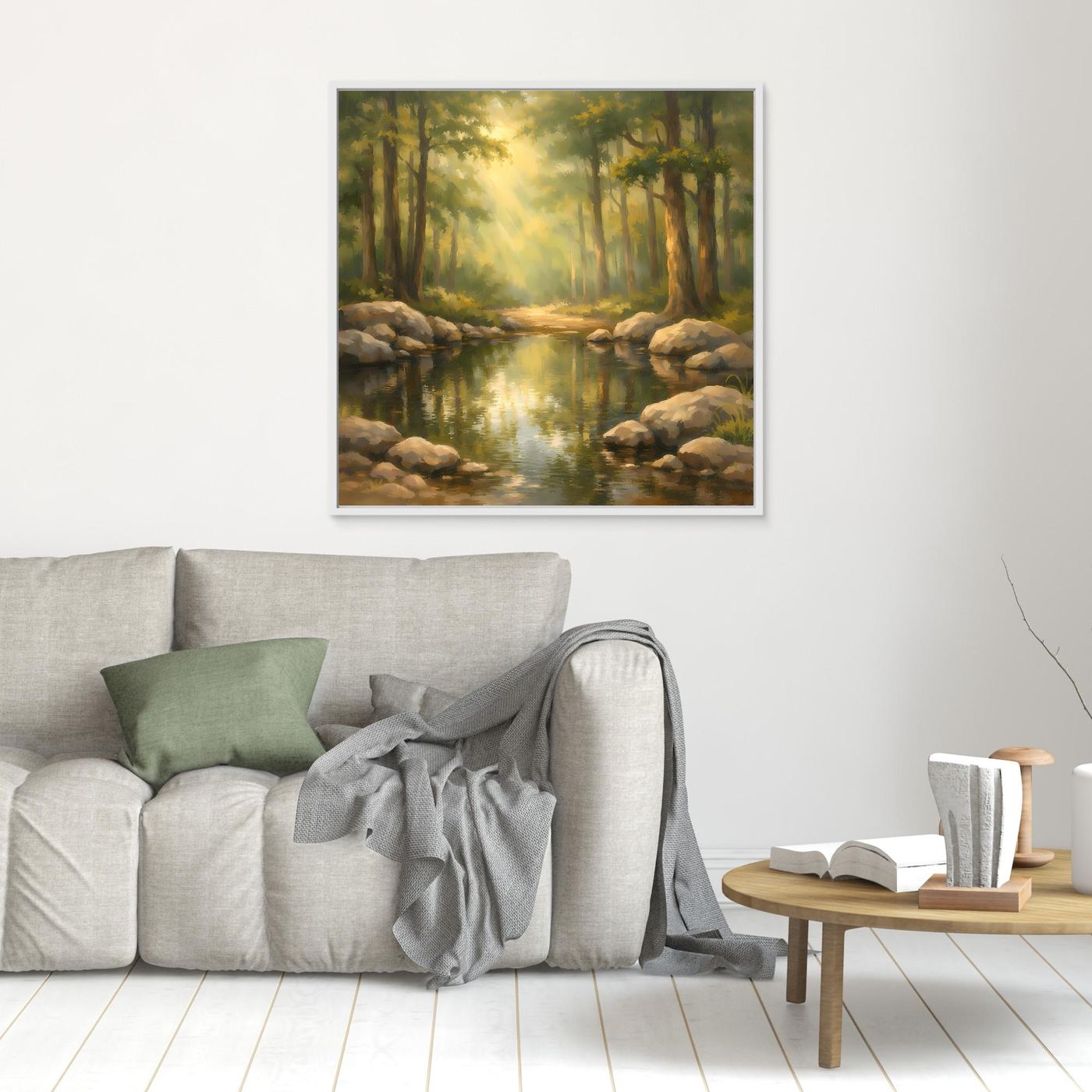 Leinwandbild Wald und Bach mit Sonnenstrahlen, heller Rahmen