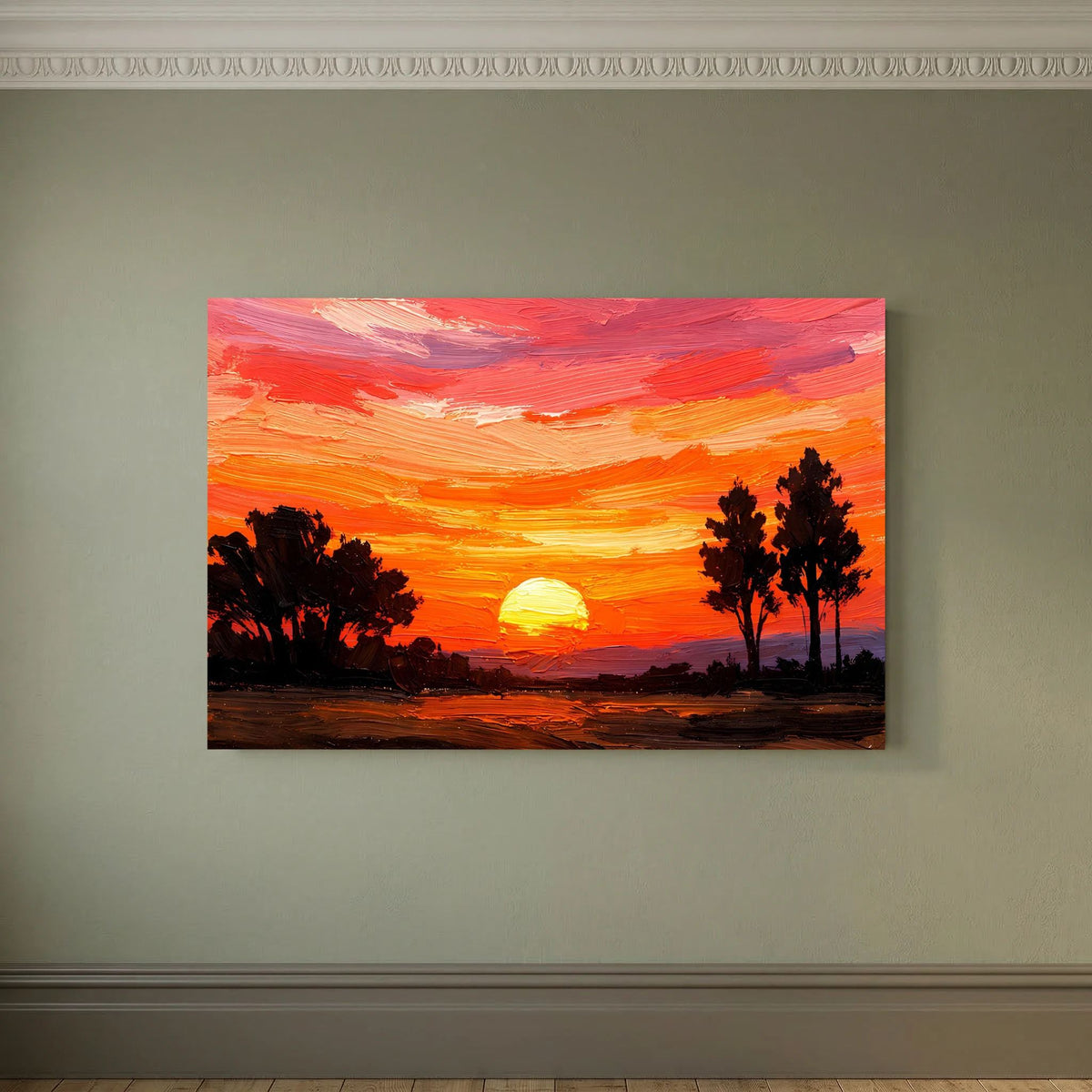 Querformat-Poster mit Acrylkunst: Sonnenuntergang in Orange mit dunklen Bäumen als Silhouetten
