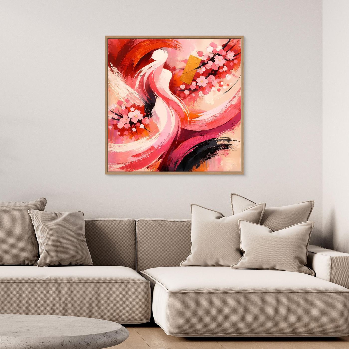Japanisches Leinwand-Wandbild mit Kirschblüten und abstrakter Silhouette, rot-rosa, in Eichenrahmen