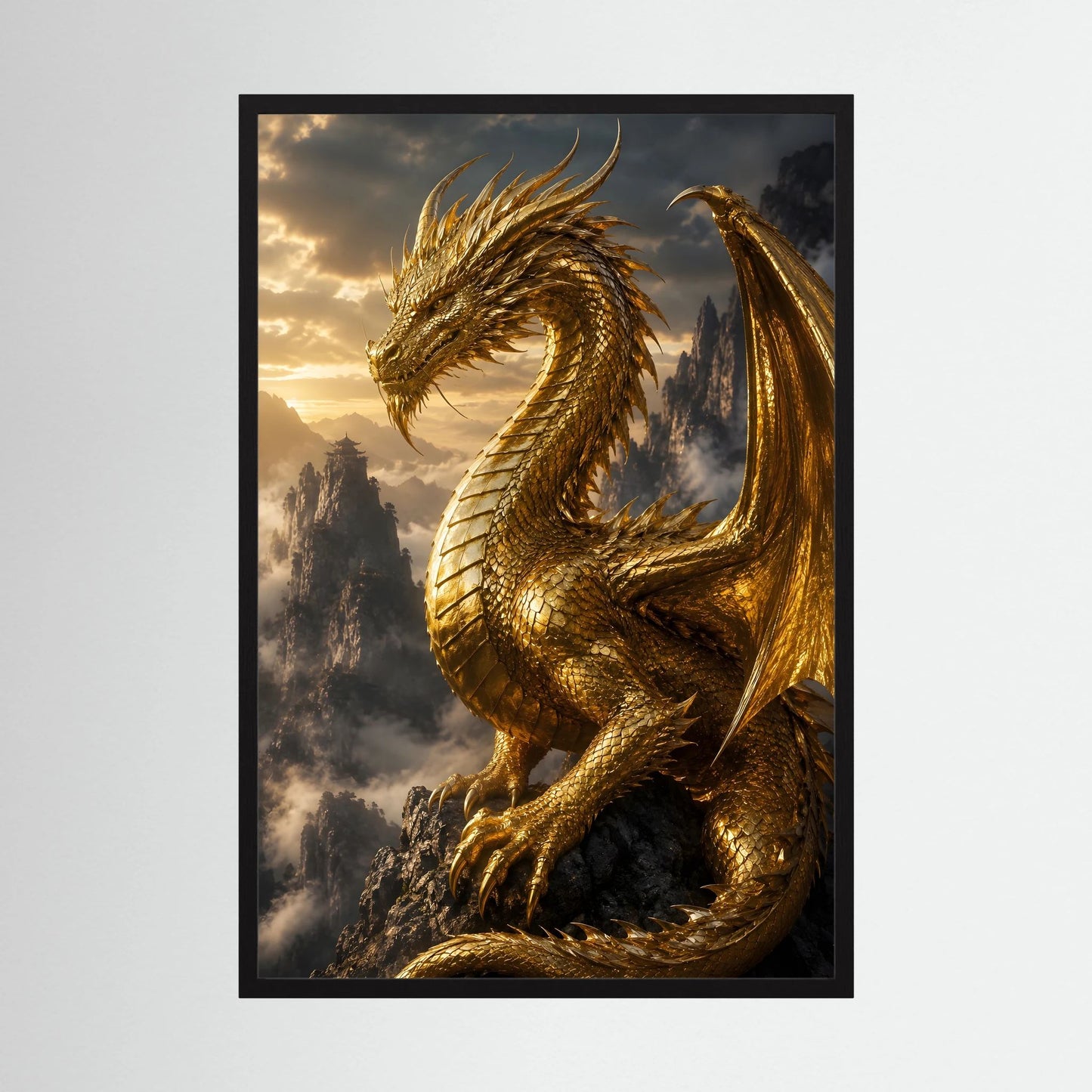 Kunstposter im Hochformat: goldener Fantasy-Drache mit Flügeln, schwarzer Rahmen