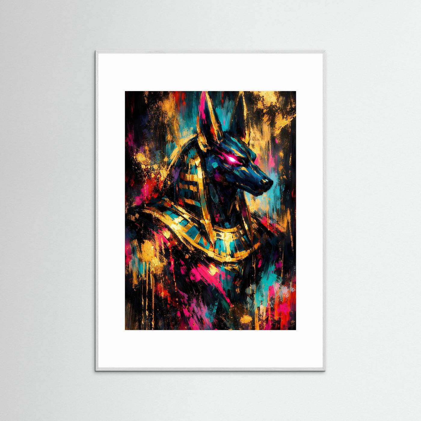 Ägyptisches Anubis-Kunstposter im Hochformat mit bunten Neon-Akzenten und hellgrauem Rahmen