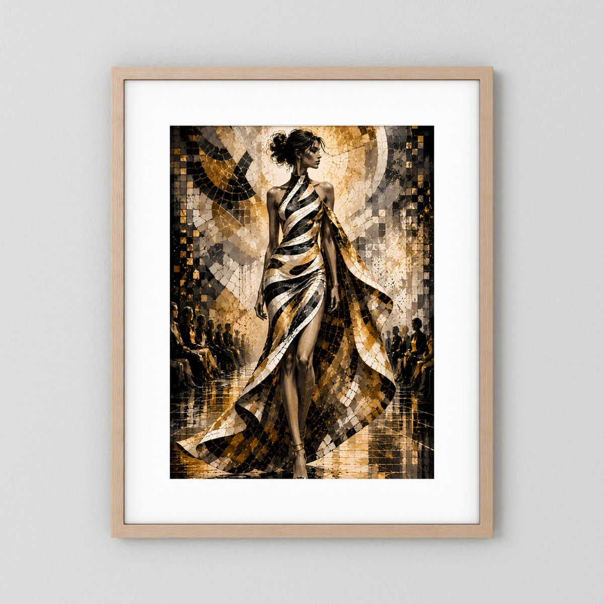 Poster im Hochformat in hellem Rahmen mit weißem Passepartout: Frau im Schwarz-Weiß-Gold-Kleid