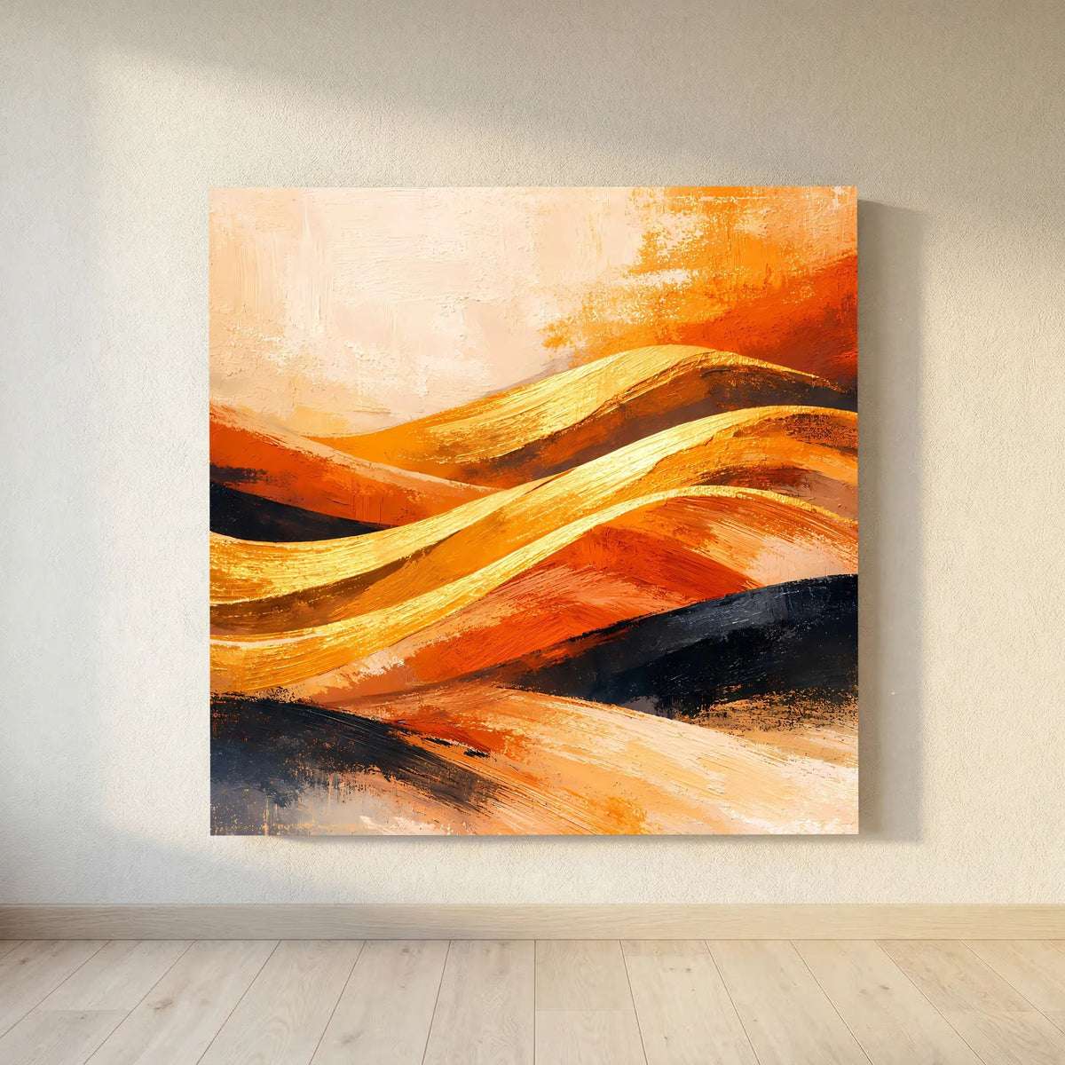 Abstraktes Leinwand-Wandbild: diagonale Dünenstreifen in Orange, Gold und dunklem Blau