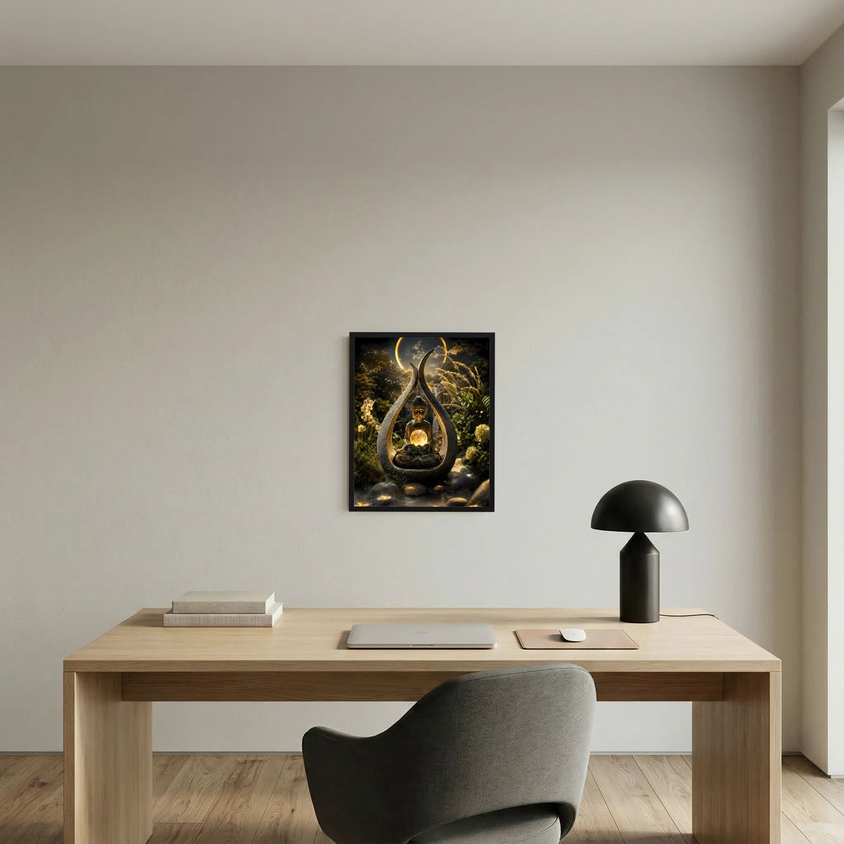 Gerahmtes Buddha-Kunstposter am Schreibtisch: meditierende Figur mit goldener Lichtkugel, dunkel.