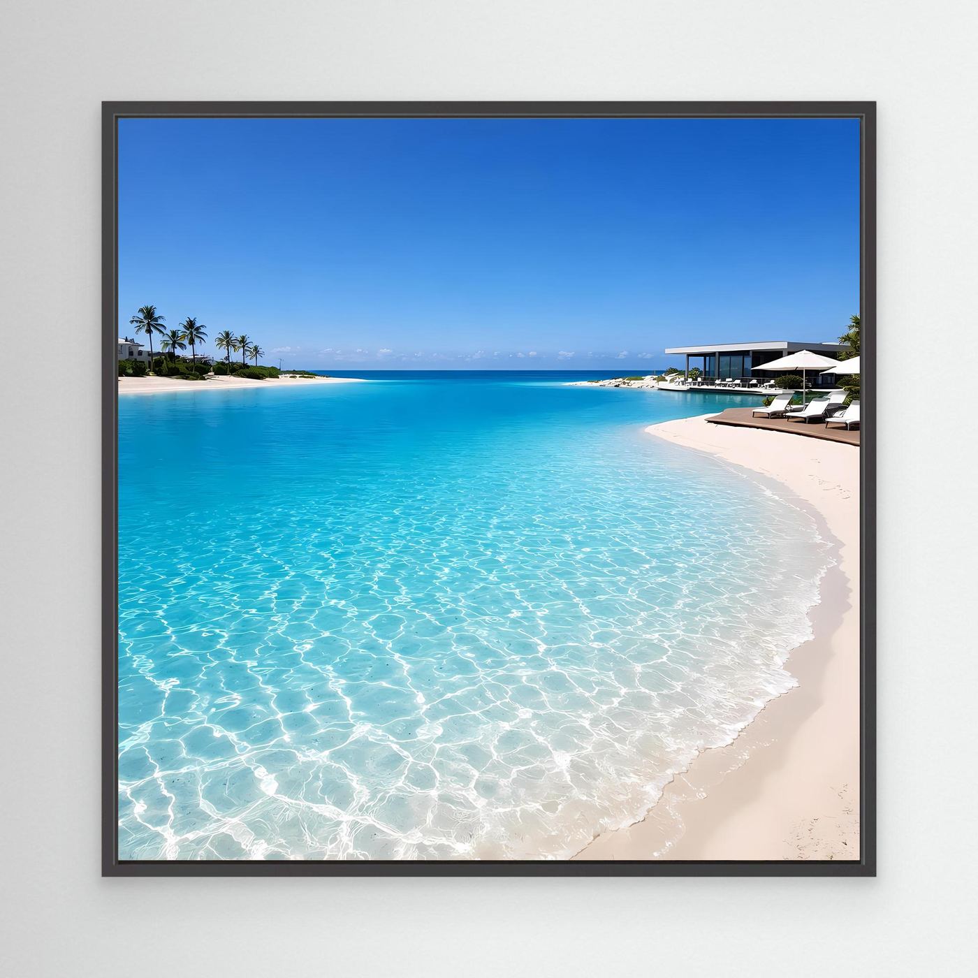 Leinwandbild Strand mit türkisblauem Meer im schwarzen Rahmen