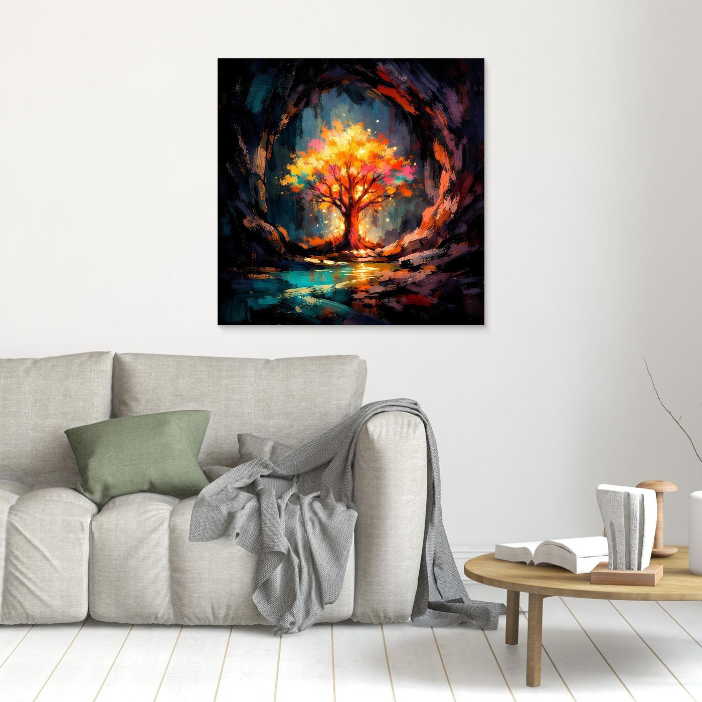 Abstract tree wall art with glowing orange canopy and blue tones, square canvas without frame
