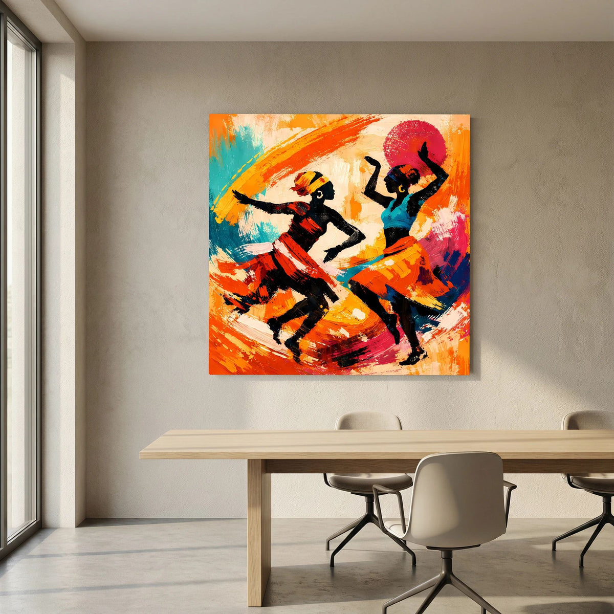 Wandbild: zwei tanzende Figuren in orange, blau und türkis mit rotem Kreis als Kontrast.