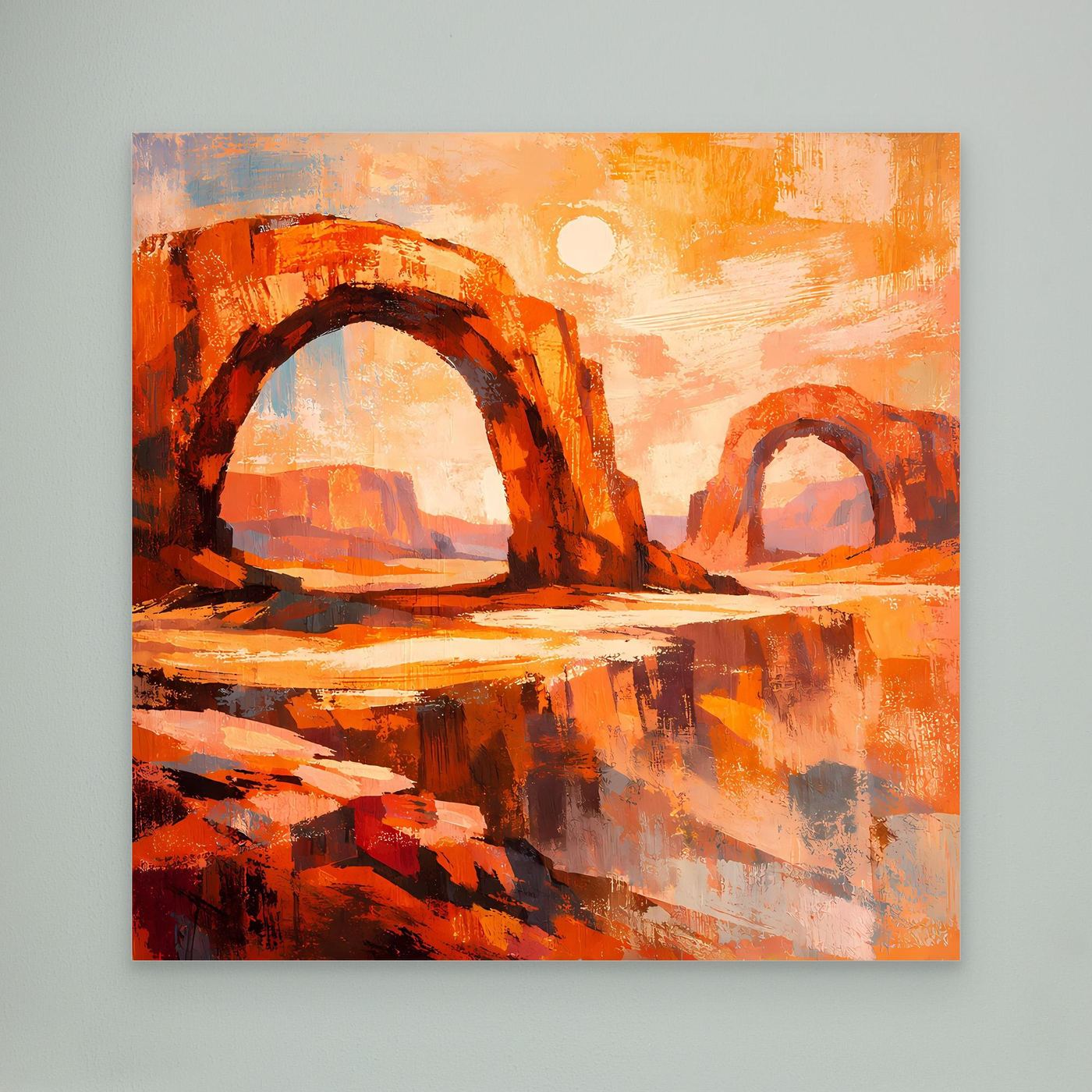Abstraktes Leinwandbild: Canyonbögen in Orange mit Sonne, Wüstenlandschaft, ohne Rahmen