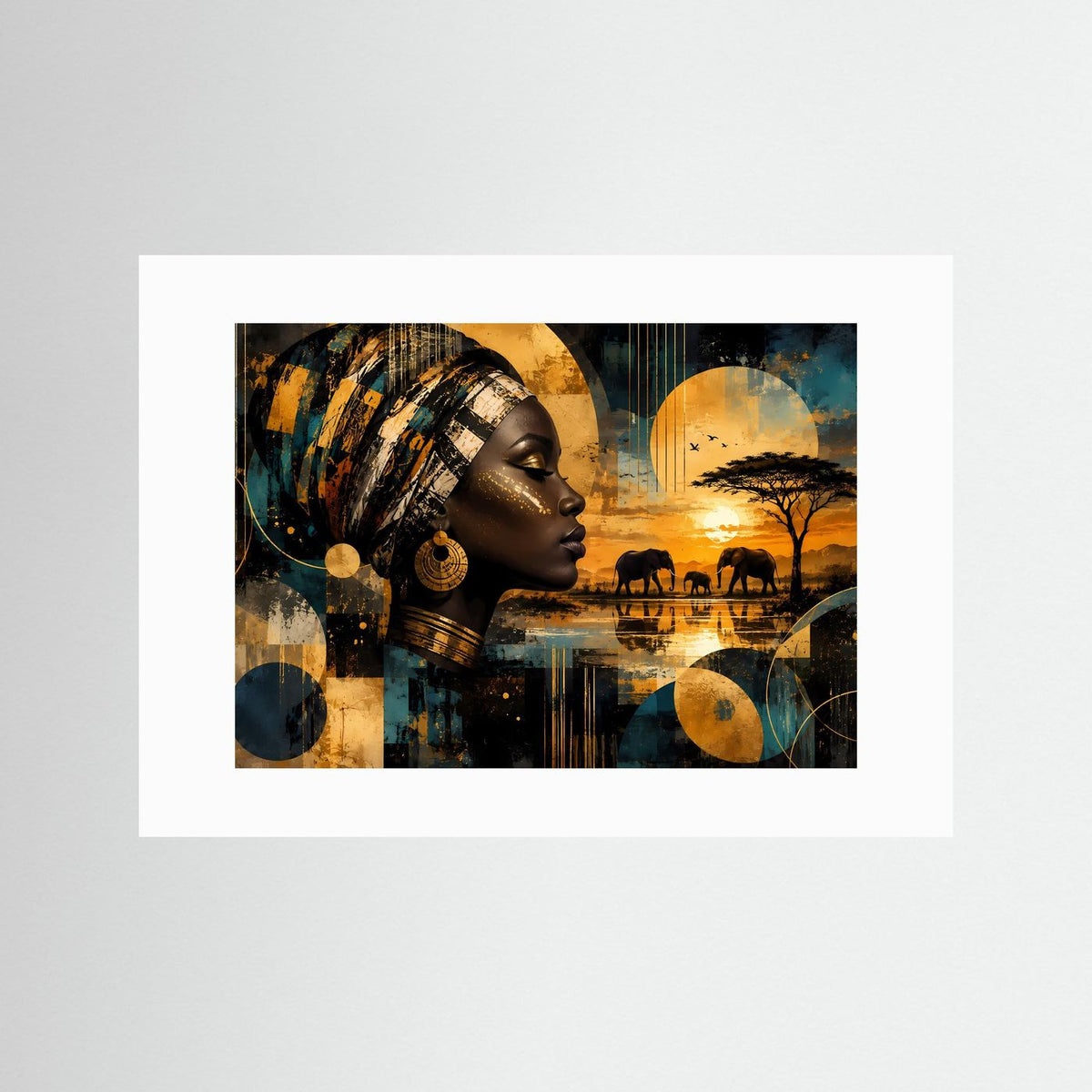 Poster im Querformat mit weißem Passepartout: Porträt afrikanische Frau, Elefanten, Sonnenuntergang