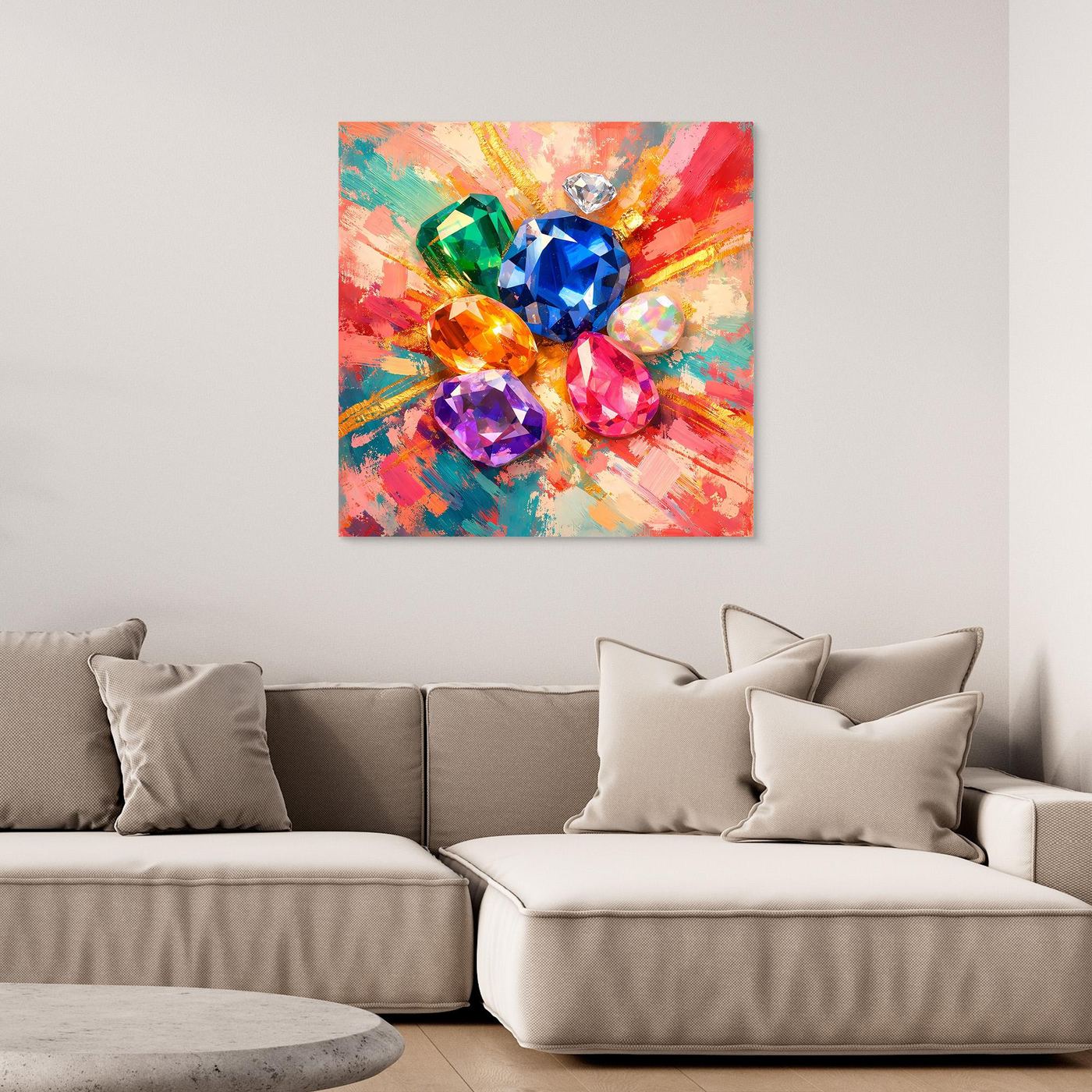 Leinwandbild mit abstraktem Edelsteinmotiv: bunte Kristalle, strahlender Farbenwirbel
