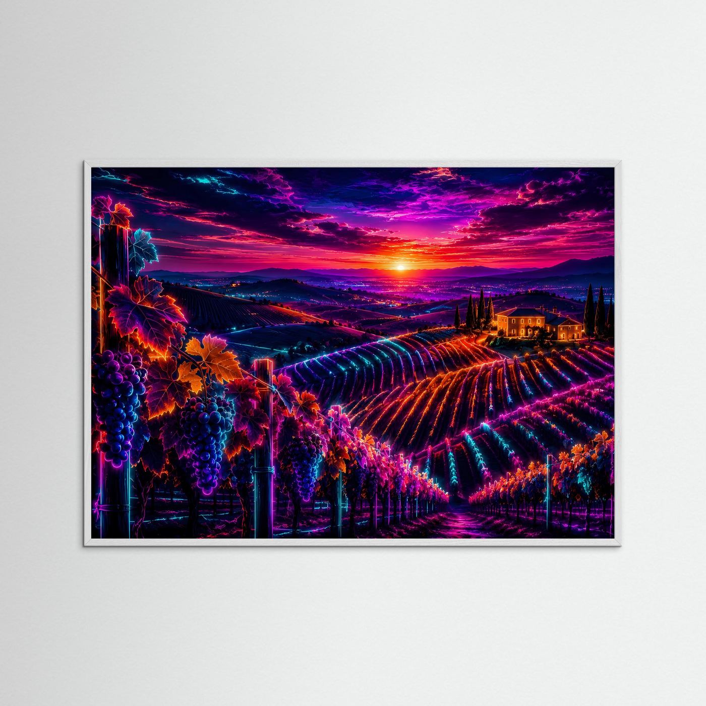 Weinberg Poster Neon | Toskana Sonnenuntergang Wandbild | Weinreben Landschaft | Leuchtende Fine Art | Moderne Wall Art