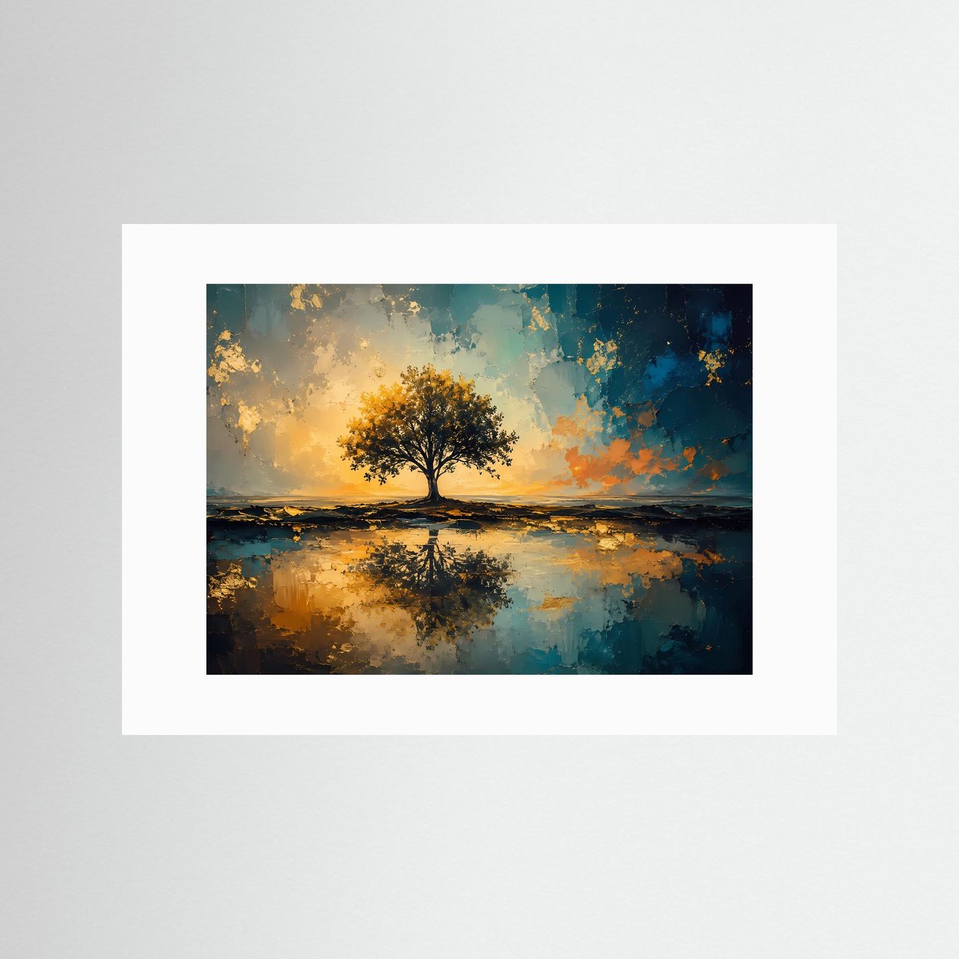 Baum des Lebens im goldenen Licht | Abstrakte Naturkunst in Petrol & Gold