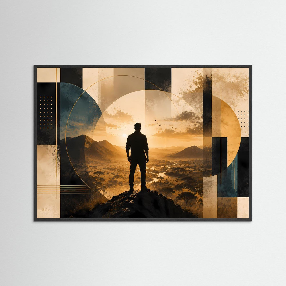 Querformat-Poster mit Silhouette eines Mannes auf Berggipfel im schwarzen Rahmen, Gold und Schwarz