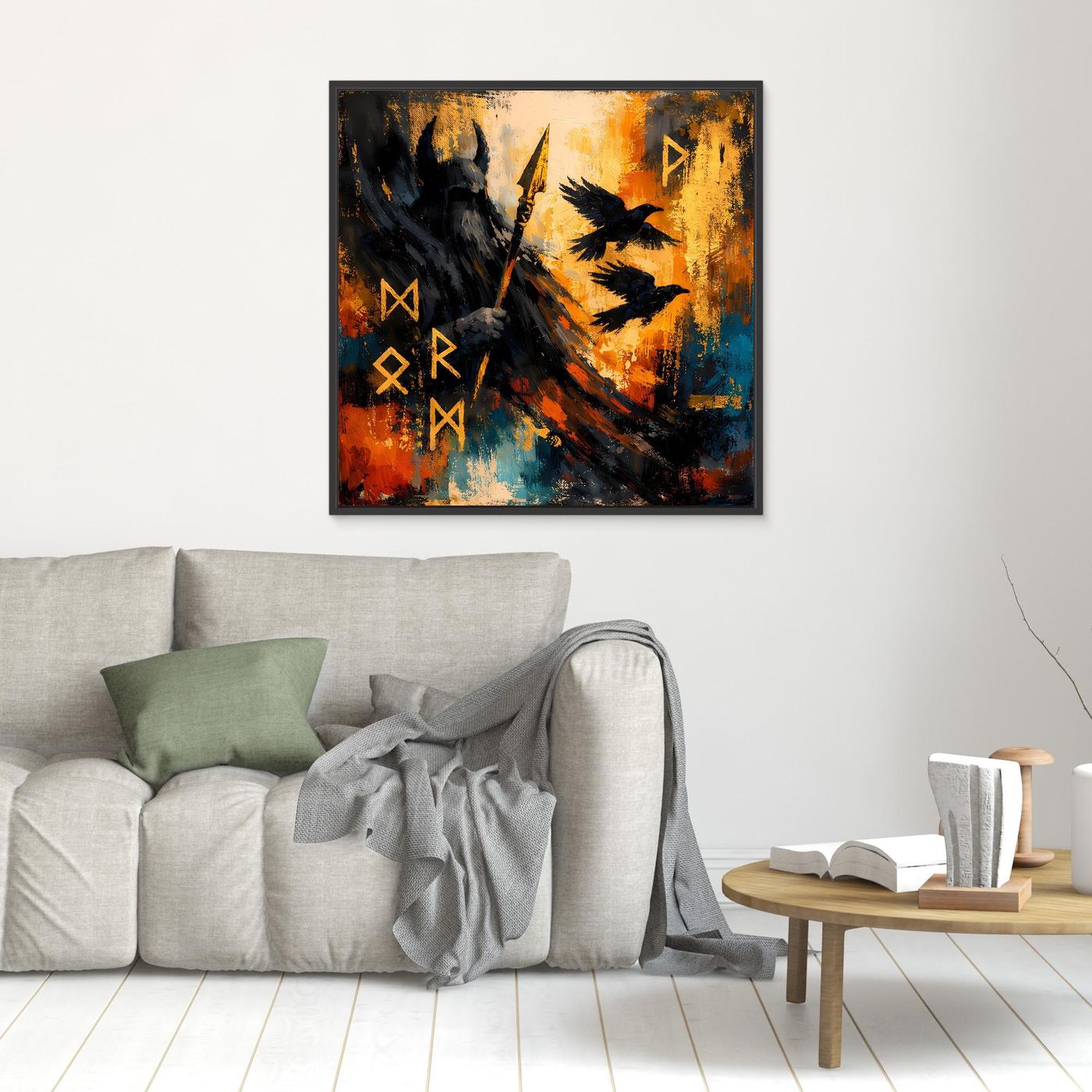 Kleines abstraktes Wandbild mit Odin-Silhouette, Speer und Runen, schwarzer Rahmen