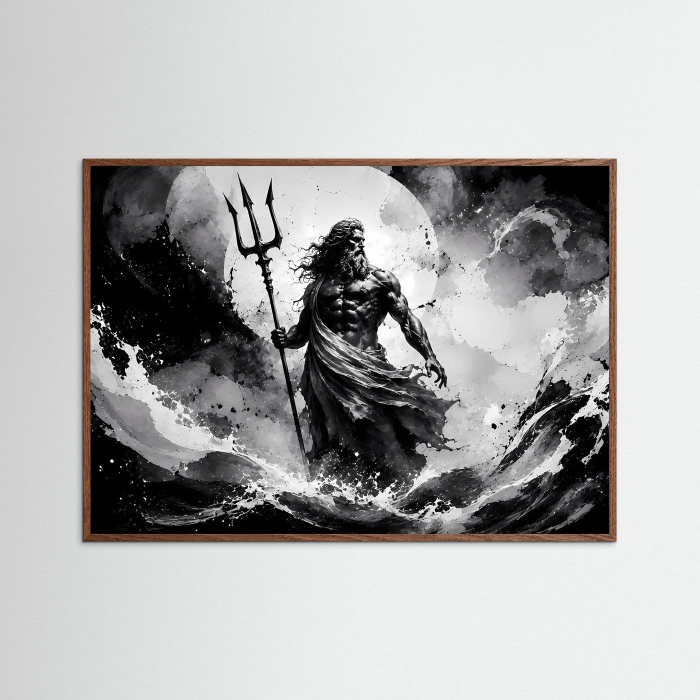 Poseidon Schwarz Weiß Wandbild | Griechische Mythologie Poster | Gott des Meeres mit Dreizack | Monochrome Fantasy Kunst | Moderne Leinwand