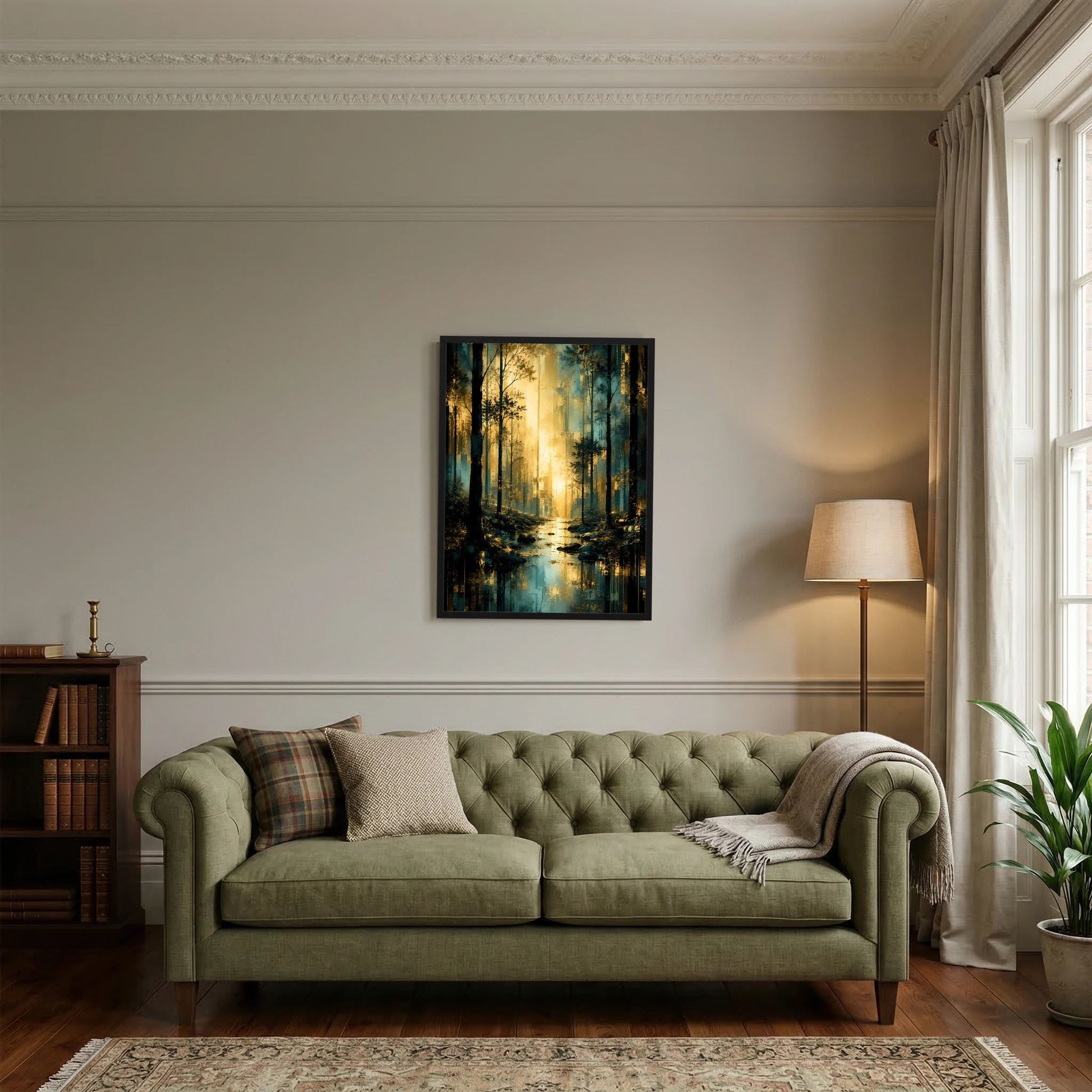 Waldlandschaft-Poster im Hochformat mit türkisblauen Bäumen, goldenen Lichtstrahlen und schwarzem Rahmen
