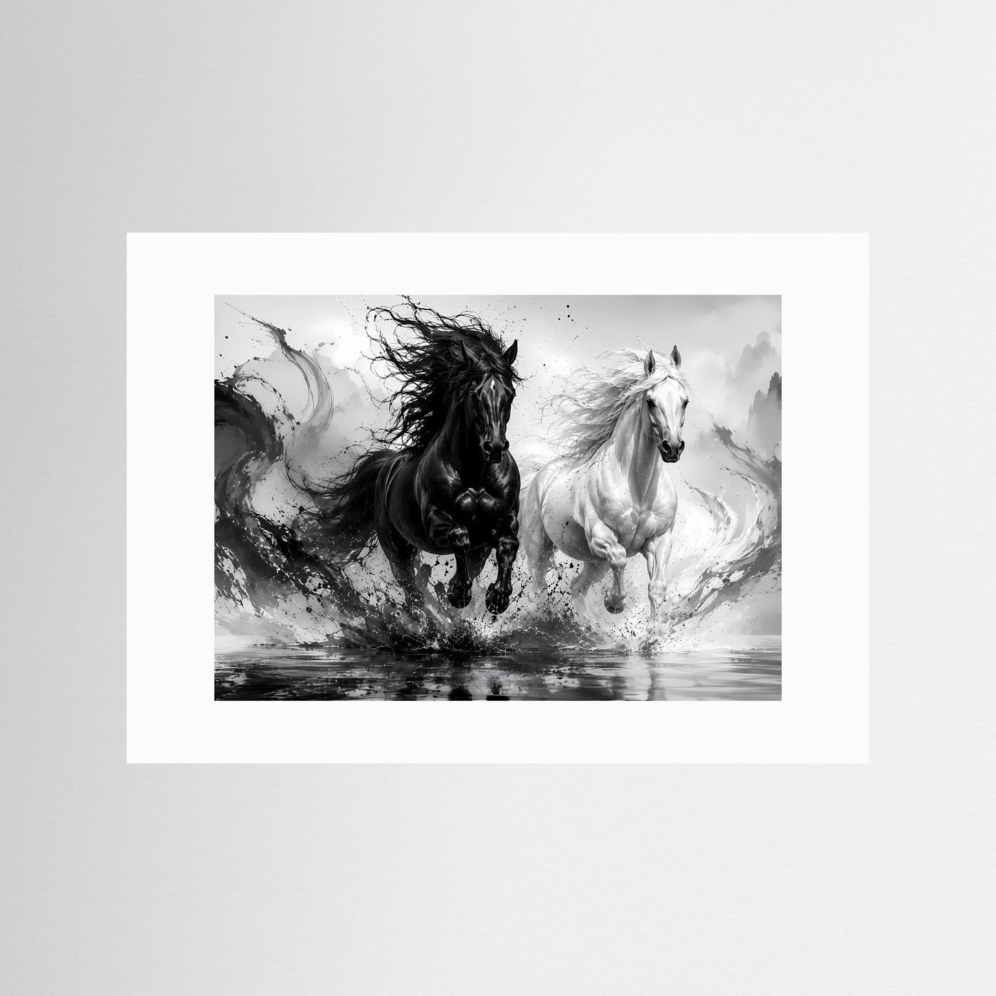 Schwarz Weiß Pferde Poster | Yin Yang Pferde Wandbild | Galoppierende Schwarze und Weiße Pferde | Moderne Abstrakte Pferdekunst