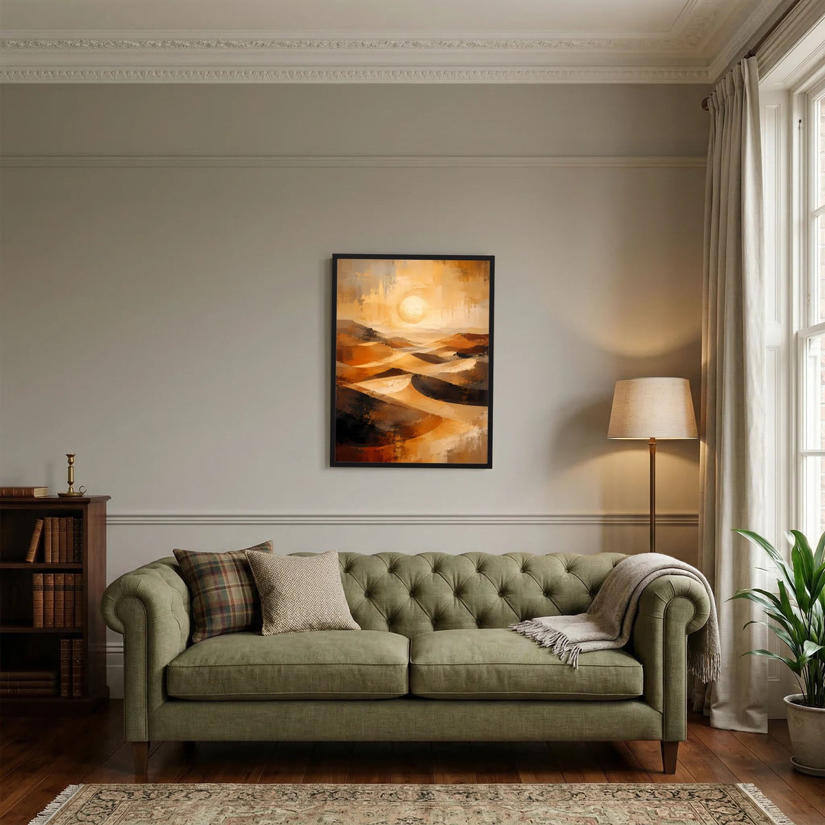 Gerahmtes Wandposter mit goldorangenem Wüstenmotiv, Dünen und heller Sonne in abstrakter Malerei