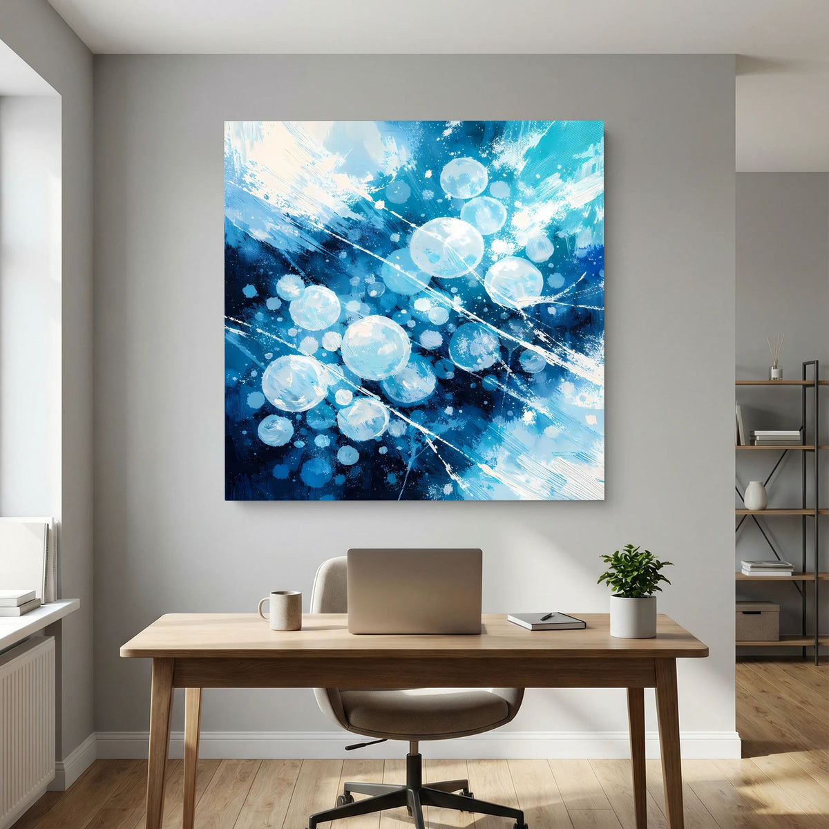 Abstraktes Leinwandbild mit blauen Lichtkreisen, Spritzern und weißen Strömungslinien