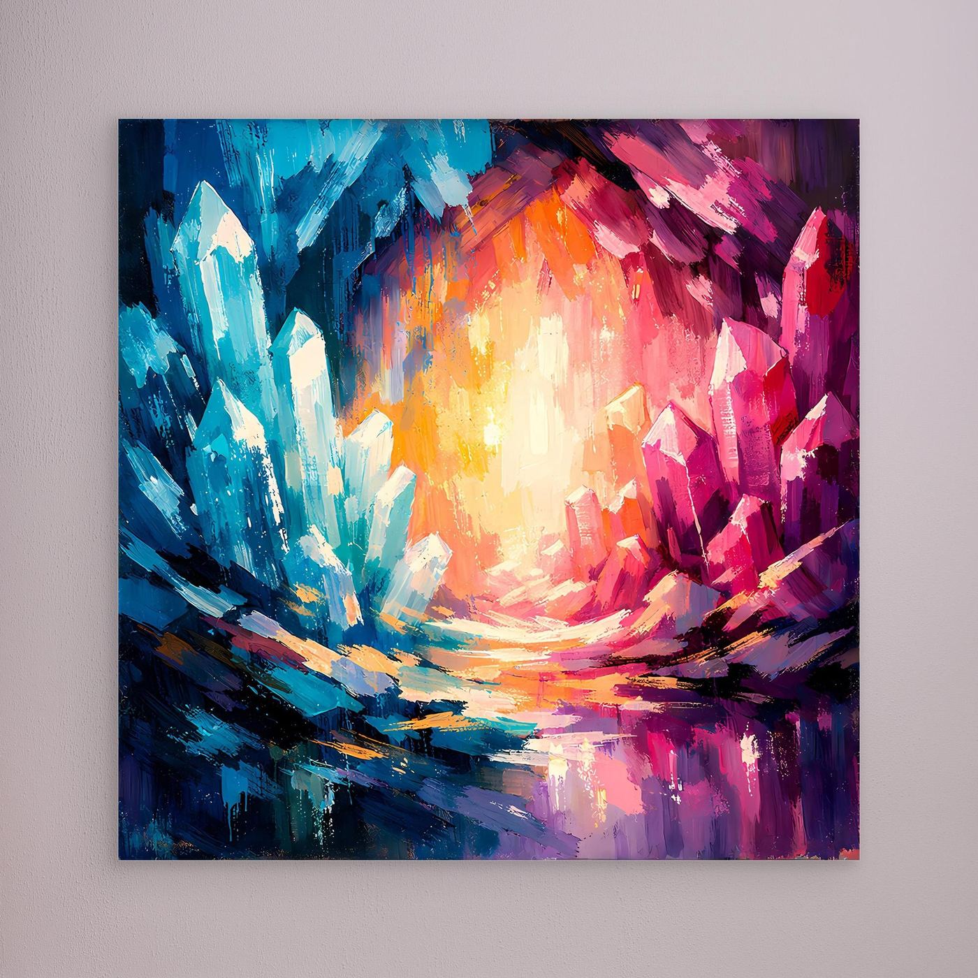 Abstract crystal canvas wall art with blue, pink, and orange abstract swirl; no visible frame