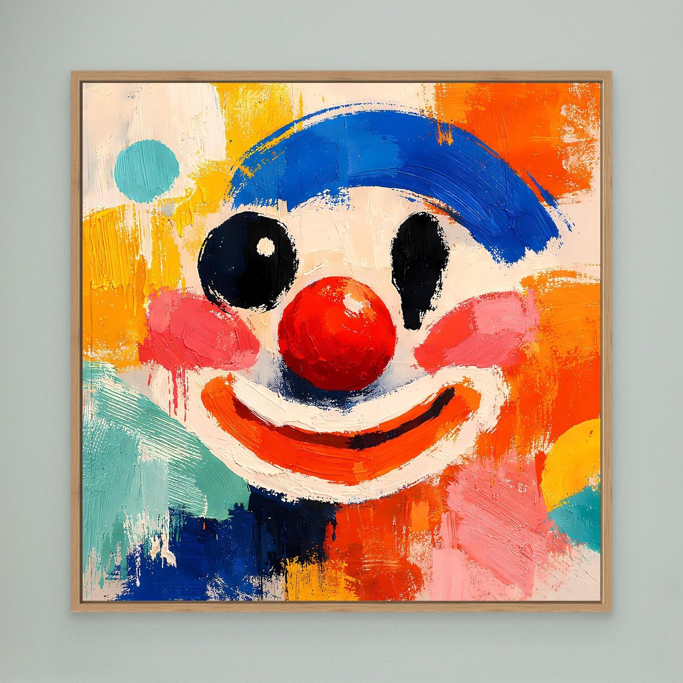 Leinwand-Wandbild mit Clown-Gesicht in Blau, Rot und Gelb, rote Nase, mit braunem Rahmen