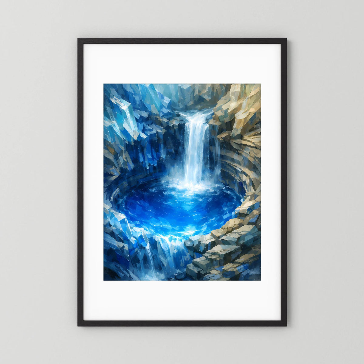 Poster im Hochformat mit abstraktem Wasserfall in Blau/Türkis, schwarzer Rahmen und weißer Rand