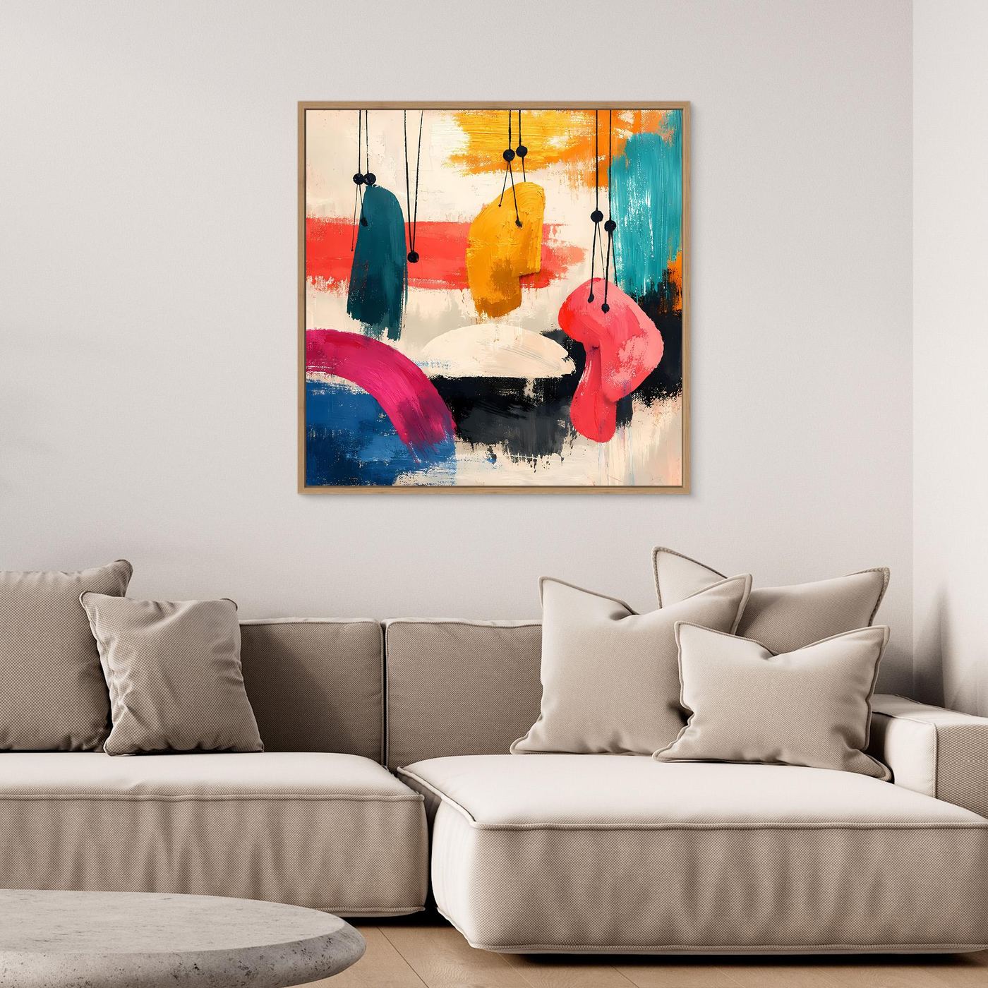 Framed abstract wall painting with colorful hanging organic forms in blue, red, and yellow