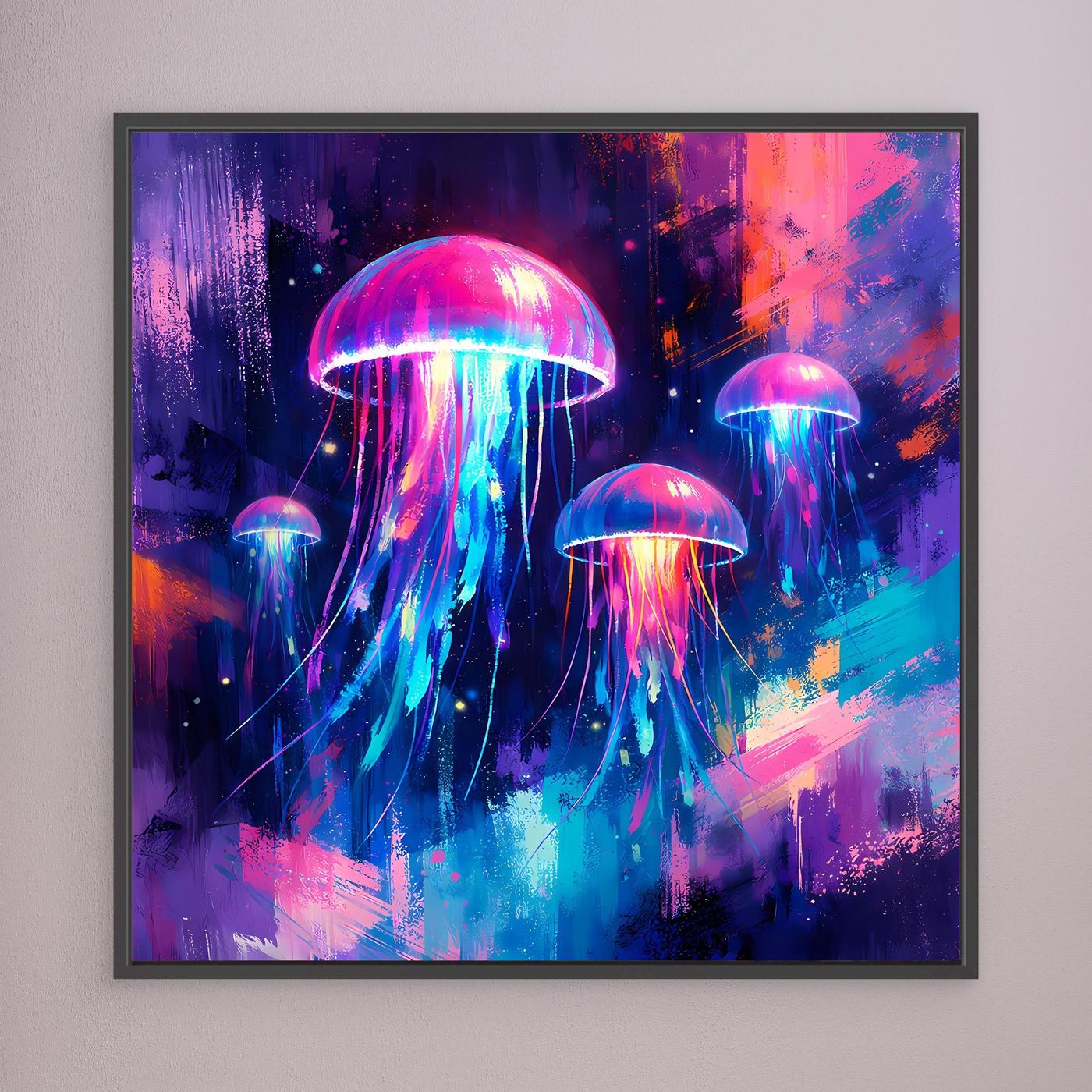 Leinwand Magische Leuchtquallen im Tiefsee-Ozean | Abstraktes Neon Wandbild