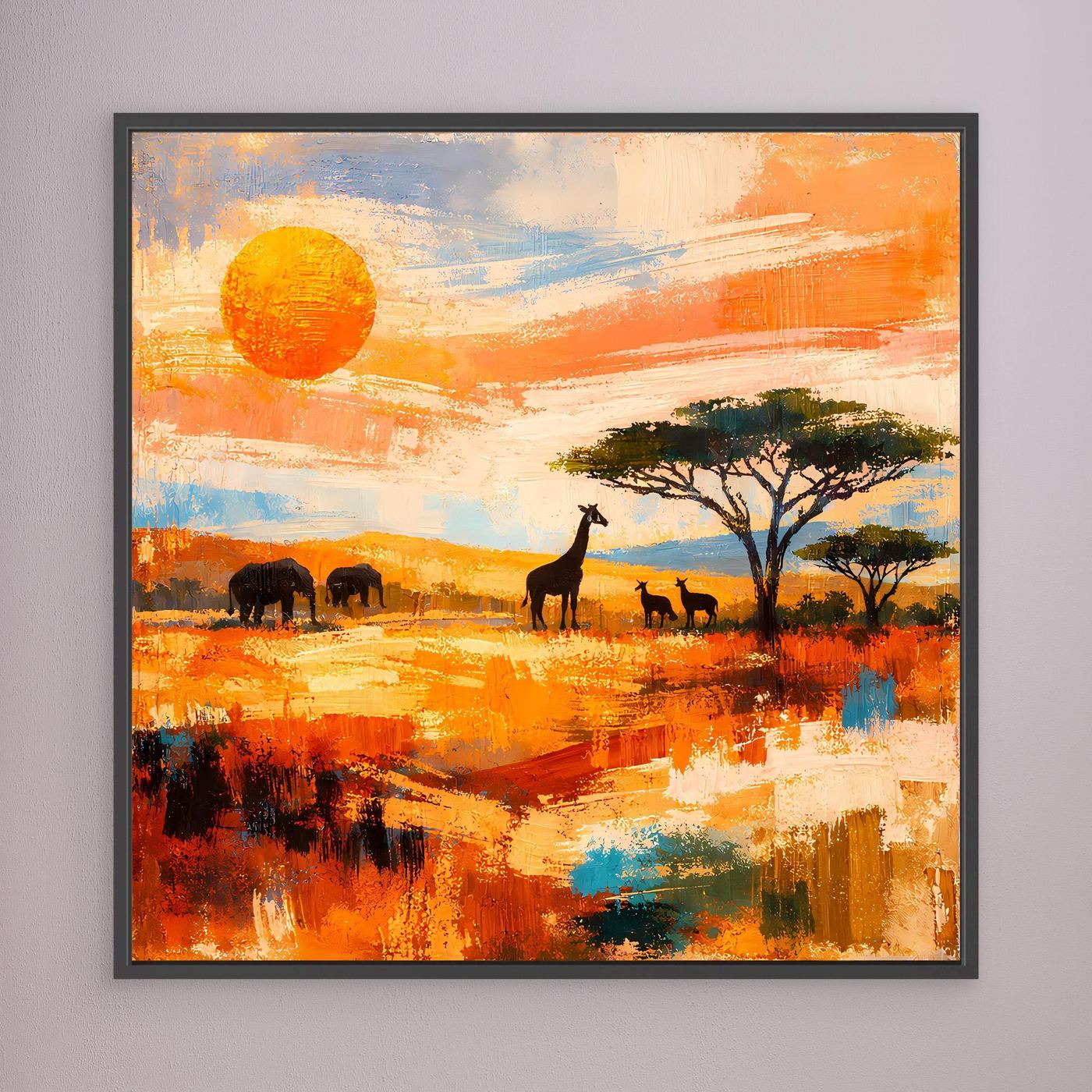 Gerahmtes Leinwandbild mit afrikanischer Savanne: Giraffe, Tiere und Baum, schwarzer Rahmen.