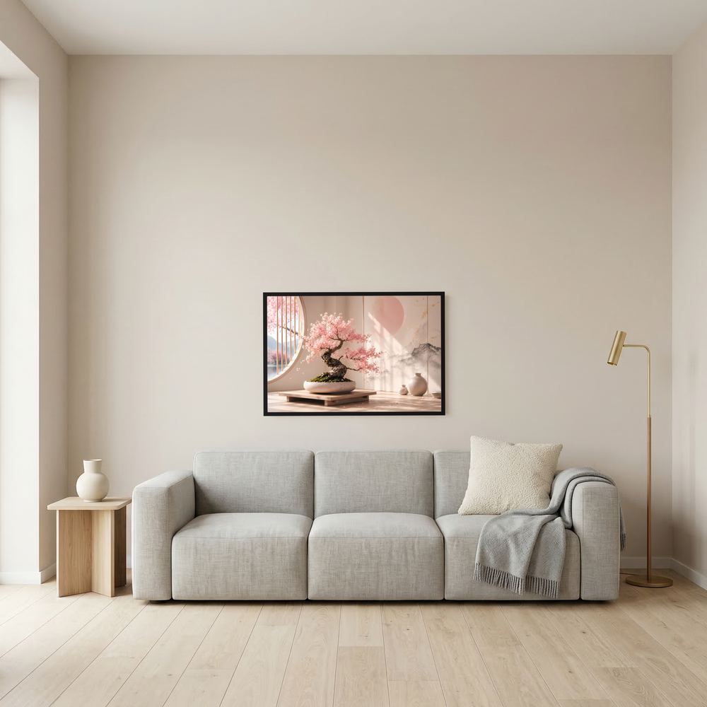 Gerahmtes Poster im Querformat mit Sakura-Bonsai und rosafarbenen Blüten, zentriert an der Wand.
