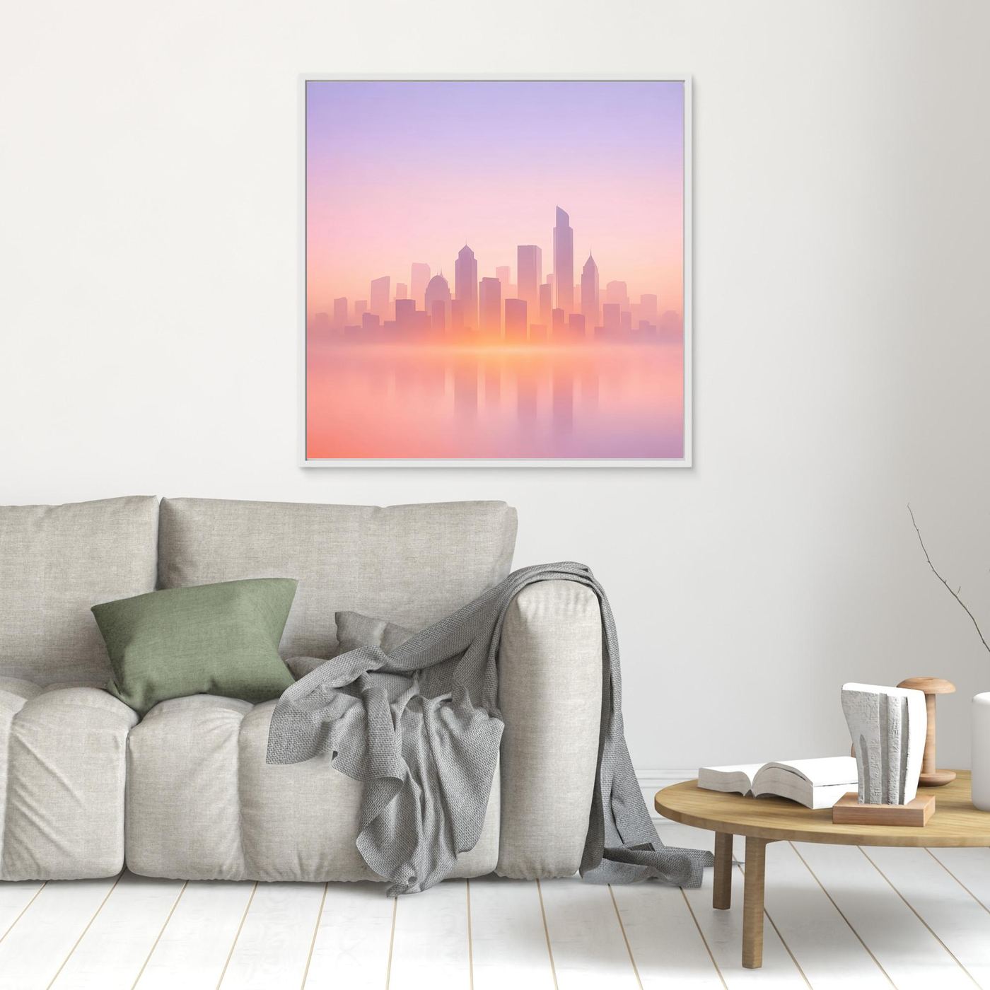Quadratisches Leinwand-Wandbild mit Skyline im Dunst, hell gerahmt