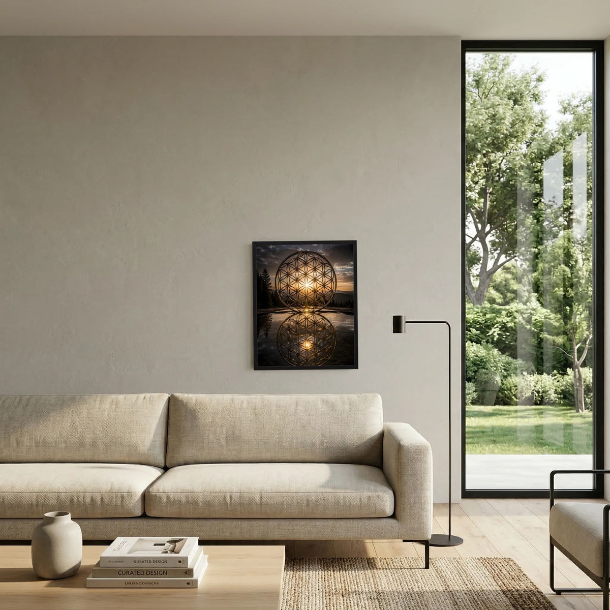 Wandposter mit goldener Blume-des-Lebens-Kugel in dunklem, quadratischem Design