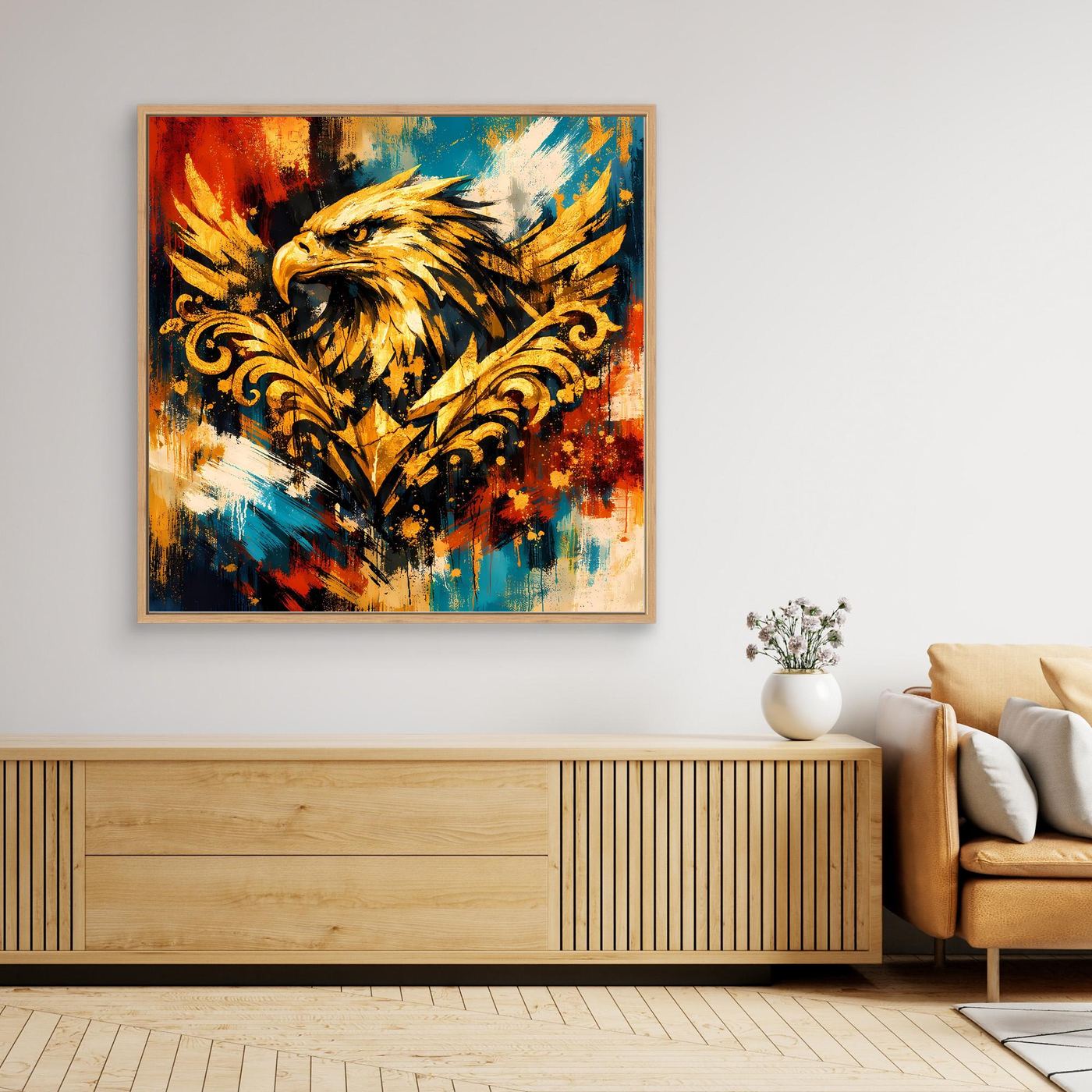 Wandbild mit Adler im Barock-Stil, abstrakte Farbmischung auf Leinwand, beiger Holzrahmen