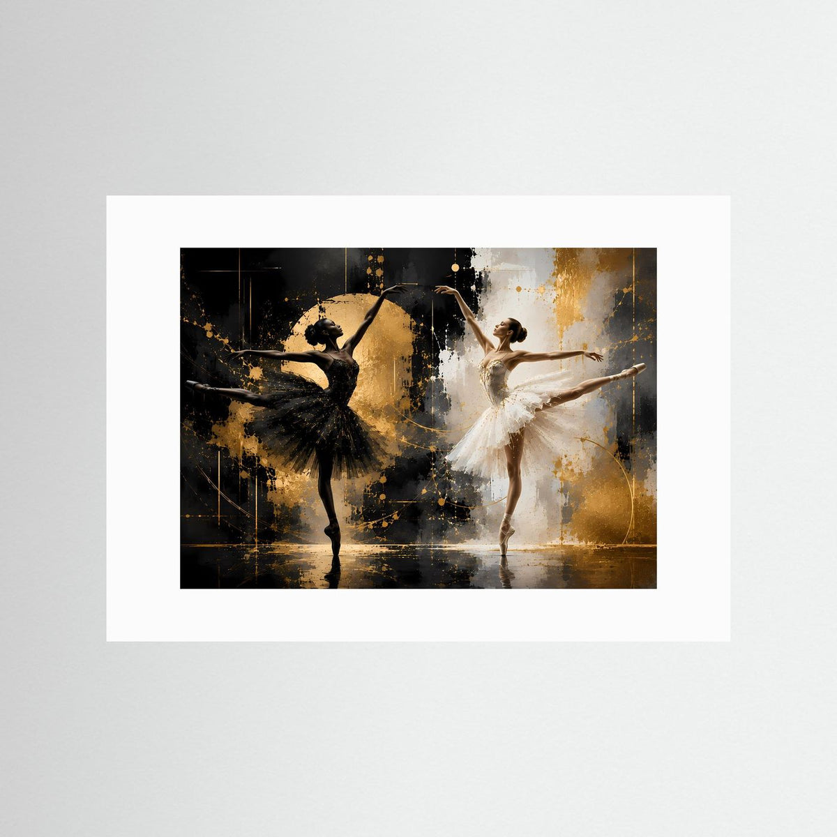 Poster mit weißem Rand: zwei Balletttänzerinnen in Schwarz und Weiß, goldene Akzente.