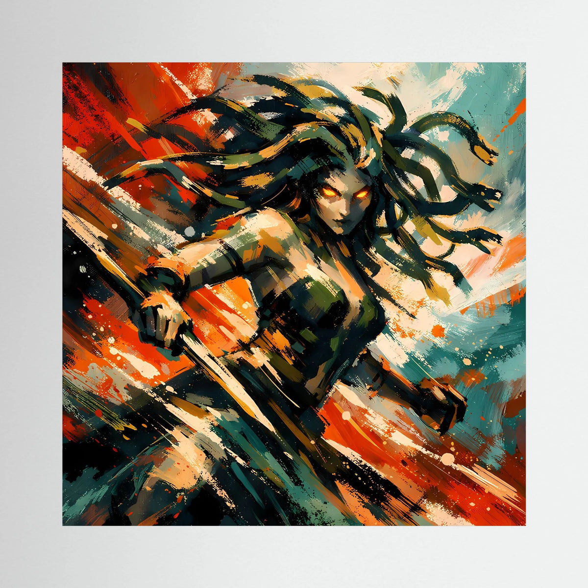 Leinwand-Wandbild mit Medusa in dynamischer Action-Malerei, gemischte Pinselstriche in Schwarz und Grün