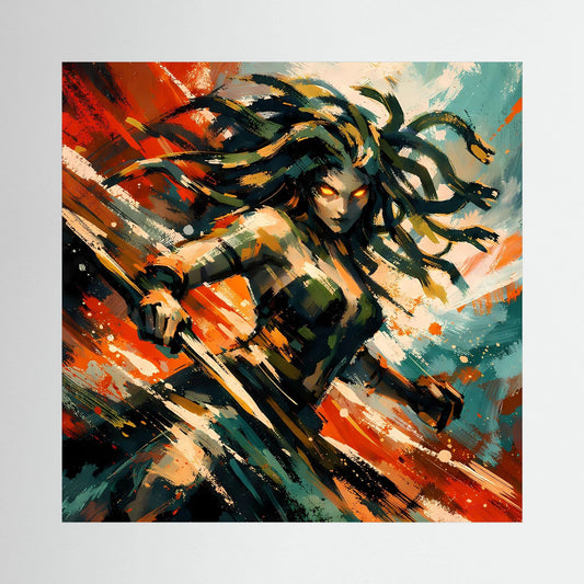 Leinwand-Wandbild mit Medusa in dynamischer Action-Malerei, gemischte Pinselstriche in Schwarz und Grün