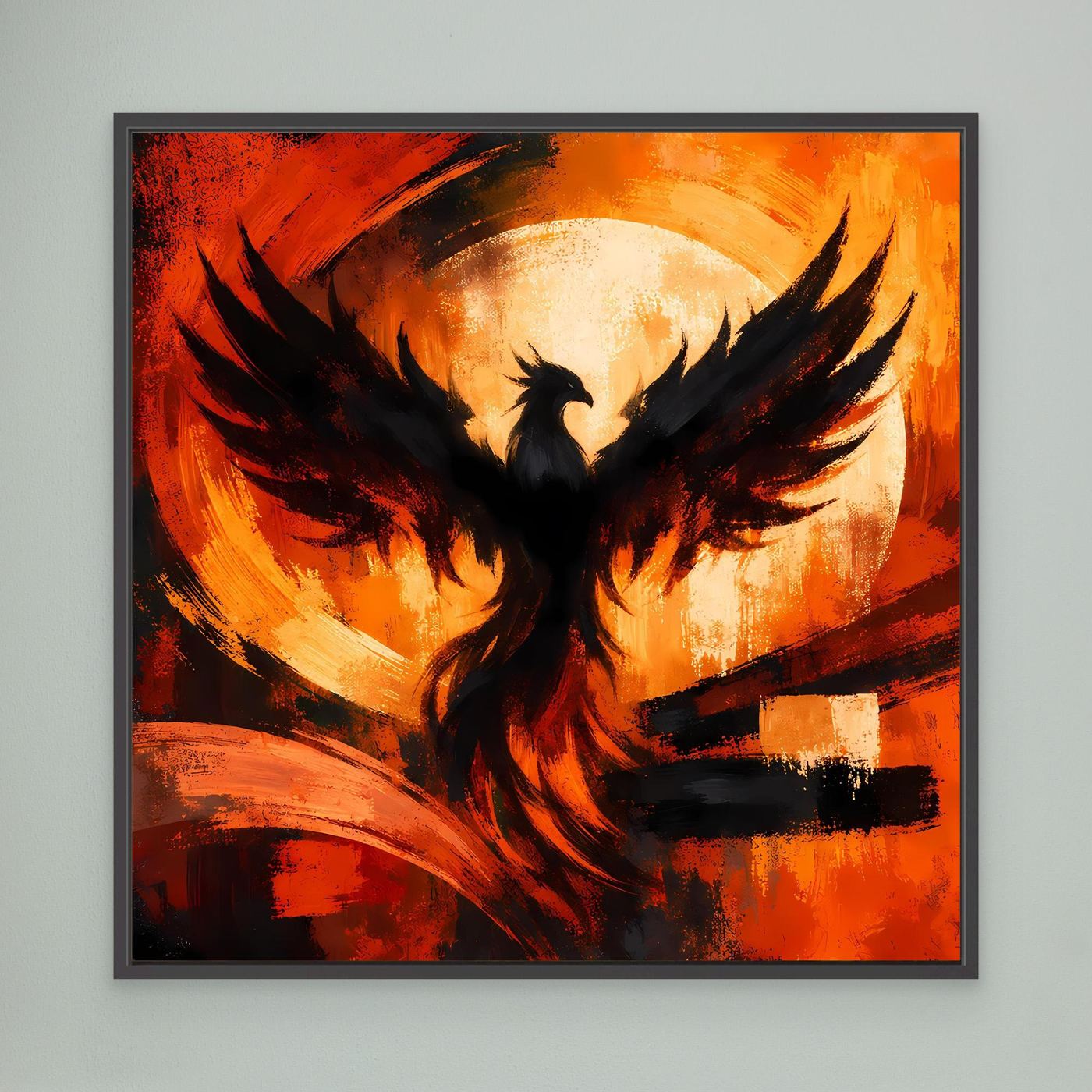 Gerahmtes Leinwandbild mit Phönix-Silhouette und schwarzen Flügeln, orange-rote Farbflächen