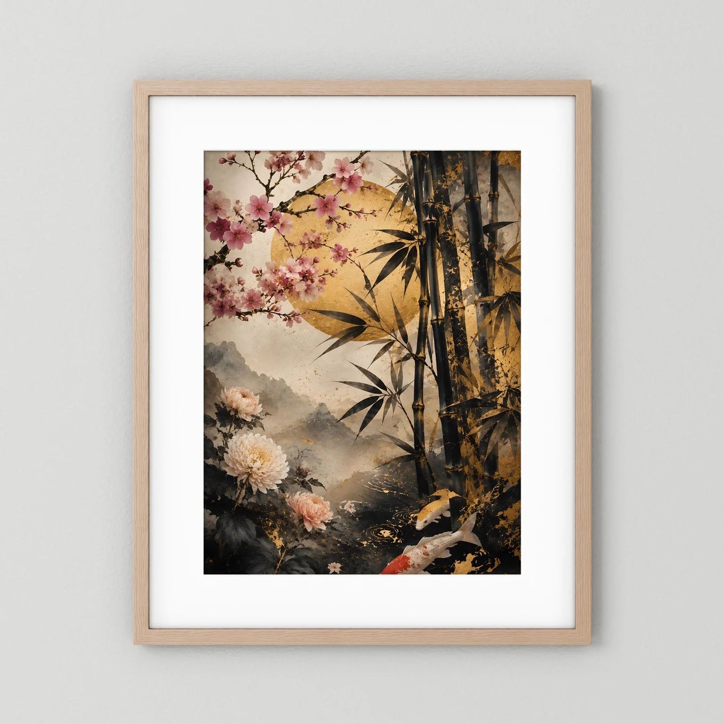Japanposter Hochformat mit Koi, Kirschblüten und Bambus im Schwarz-Gold-Look, weißer Holzrahmen