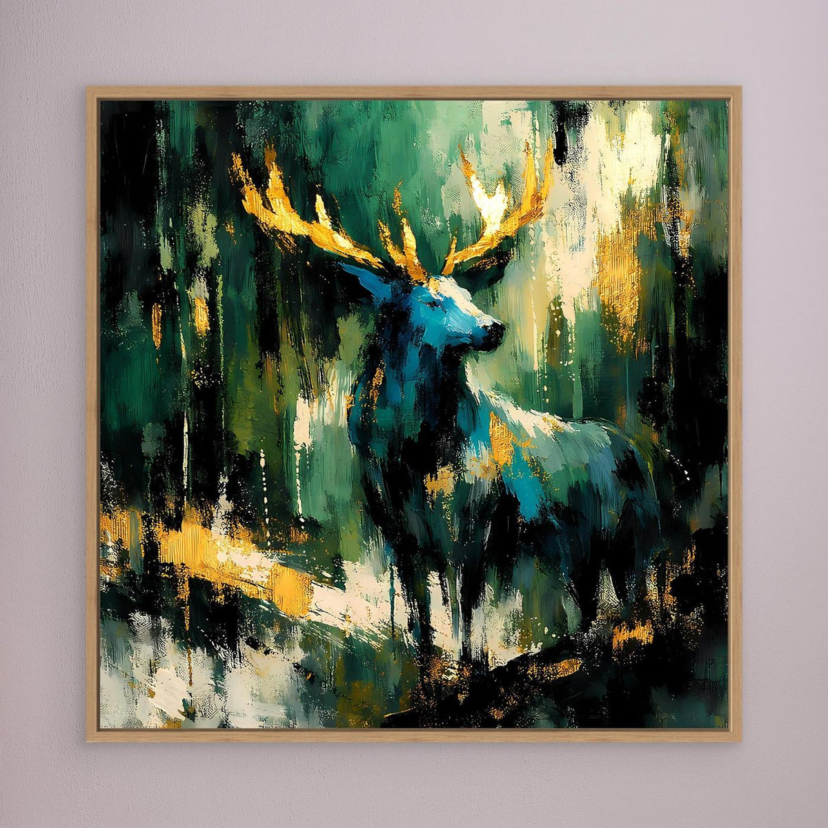 Leinwand-Wandbild mit Holzrahmen: abstrakter Hirsch in Grün, Blau und Gold