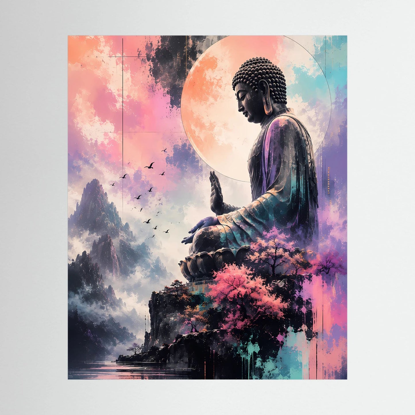 Ungefasstes Hochformat-Poster mit sitzendem Buddha, Bergen und Kirschblüten im Pastell